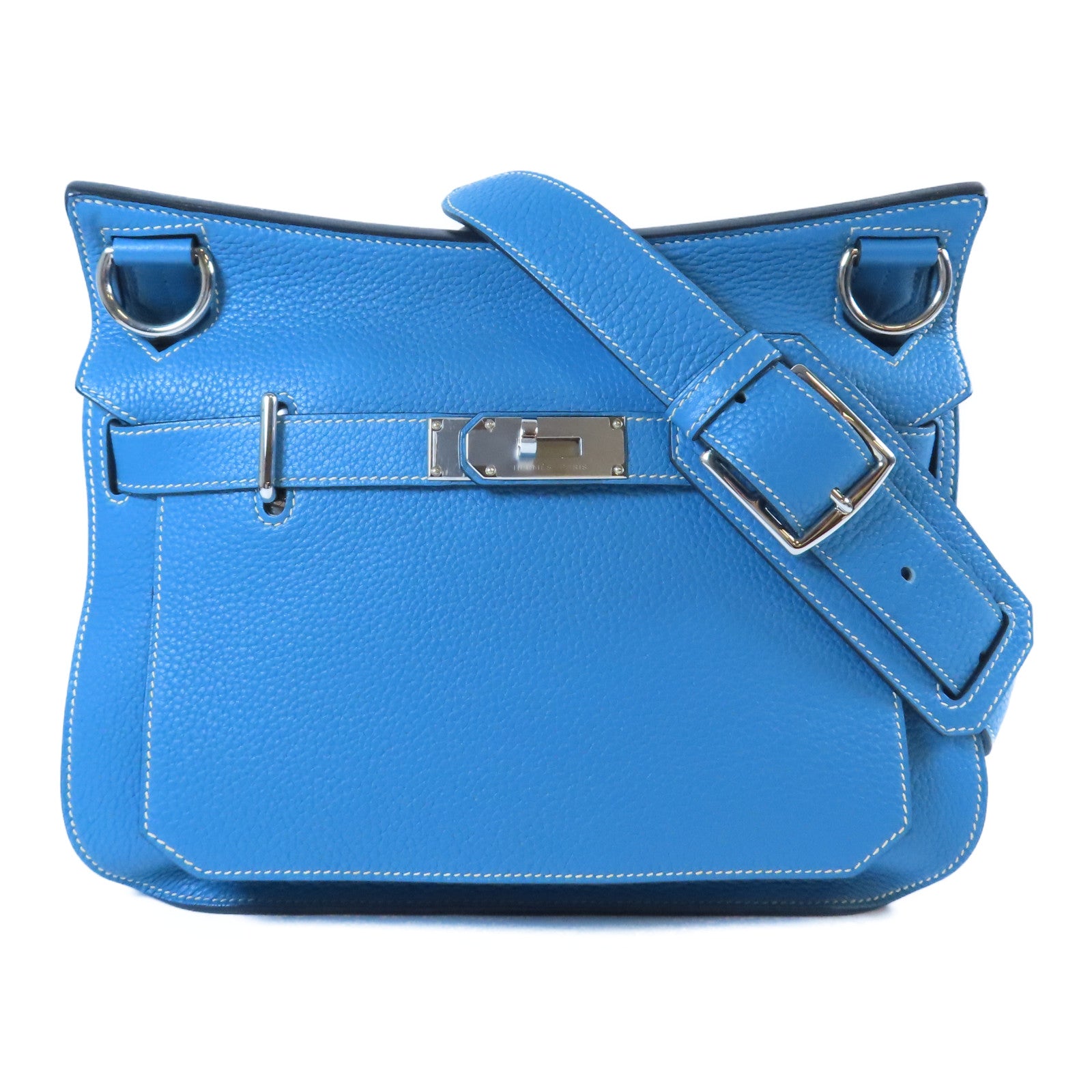 HERMES Togo皮革Jypsiere 28銀扣肩背袋Bleu Jean牛仔藍色