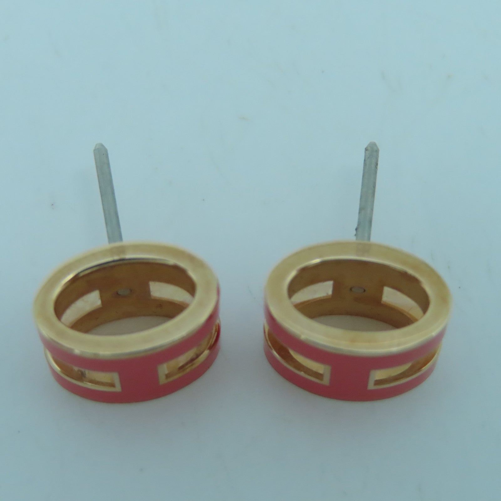 HERMES Metal Earring Pop H Gold Buckle Earrings Orange Red