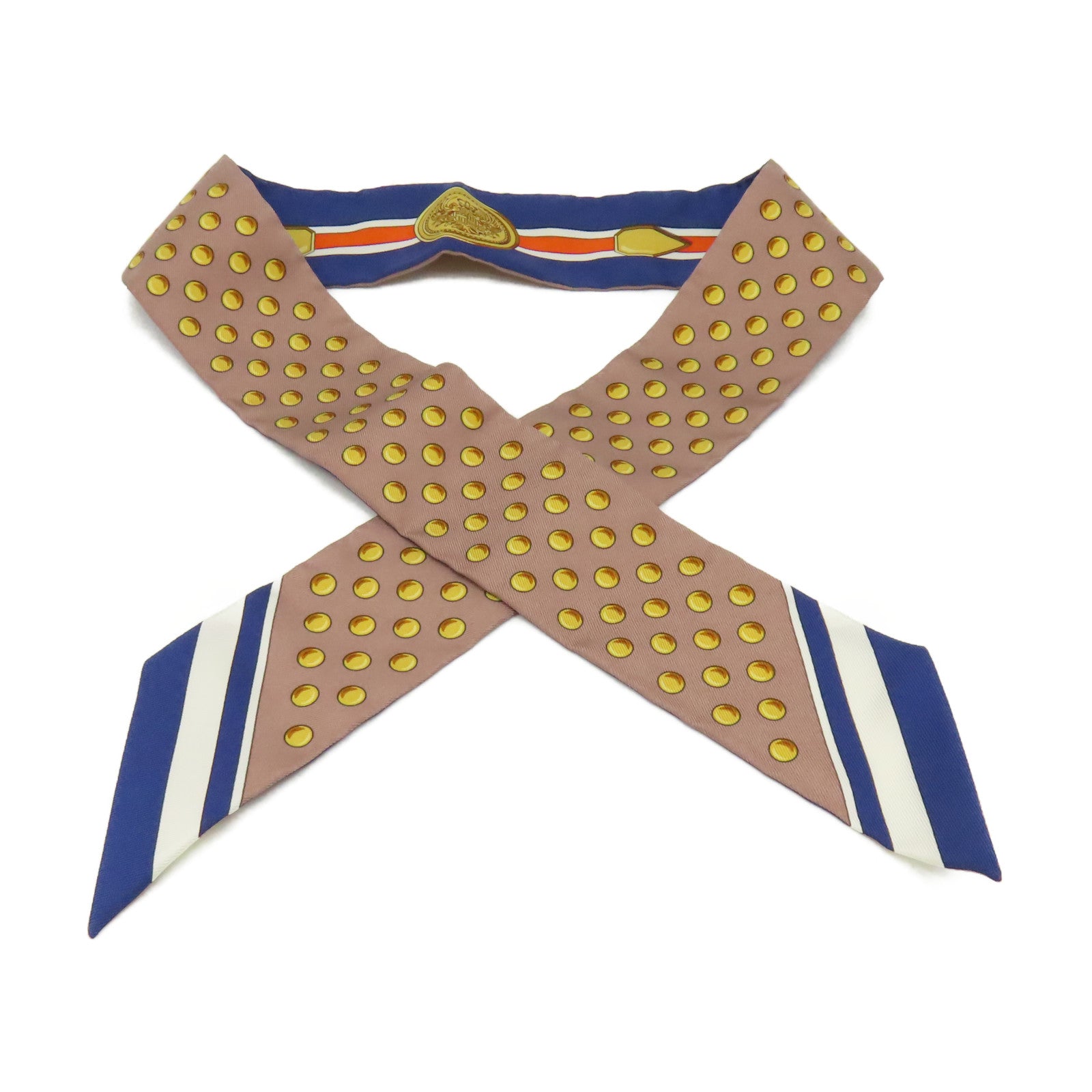 HERMES 絲質Twilly Scarf絲巾藍色/金色/彩色