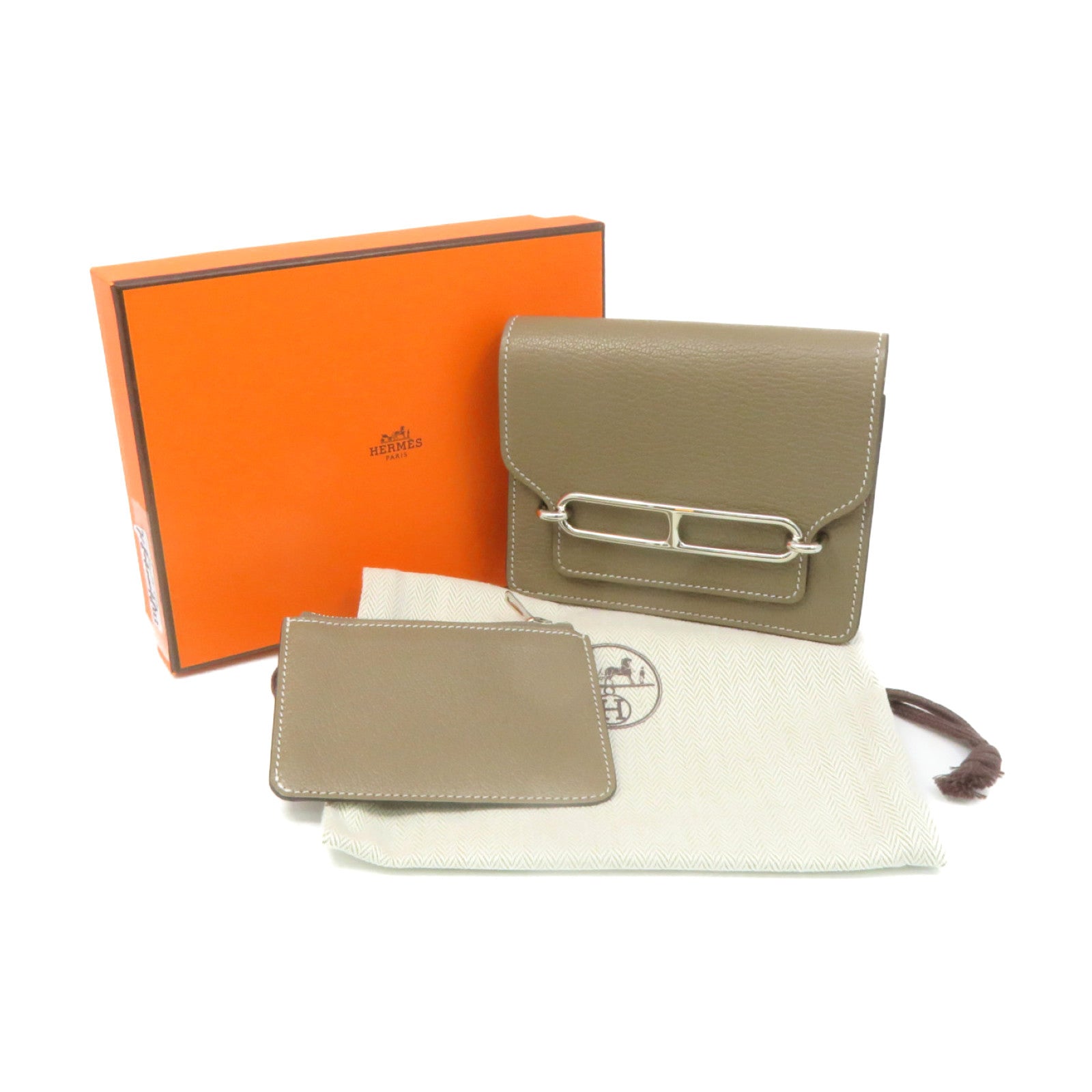 HERMES Chevre皮革Roulis Slim银扣钱包Etoupe大象灰色