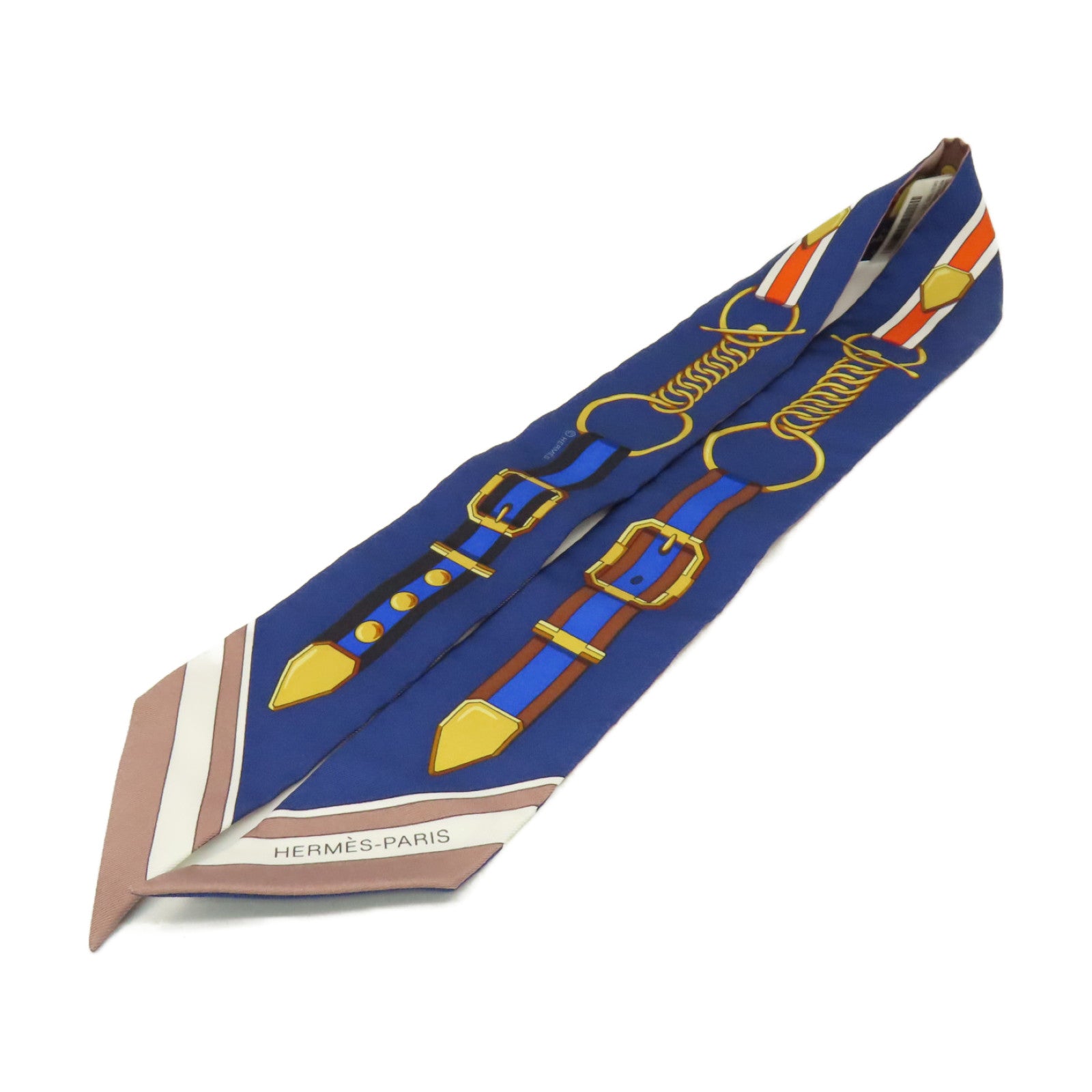 HERMES 絲質Twilly Scarf絲巾藍色/金色/彩色
