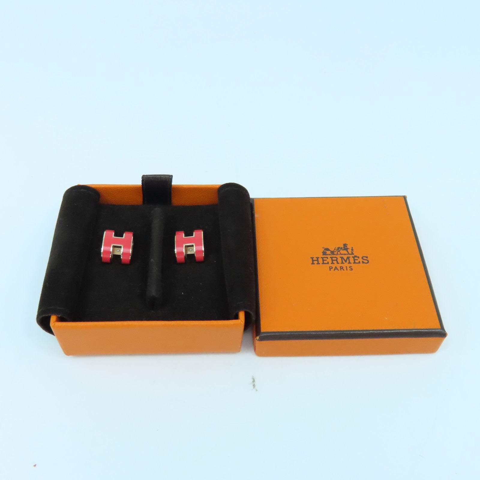 HERMES Metal Earring Pop H Gold Buckle Earrings Orange Red