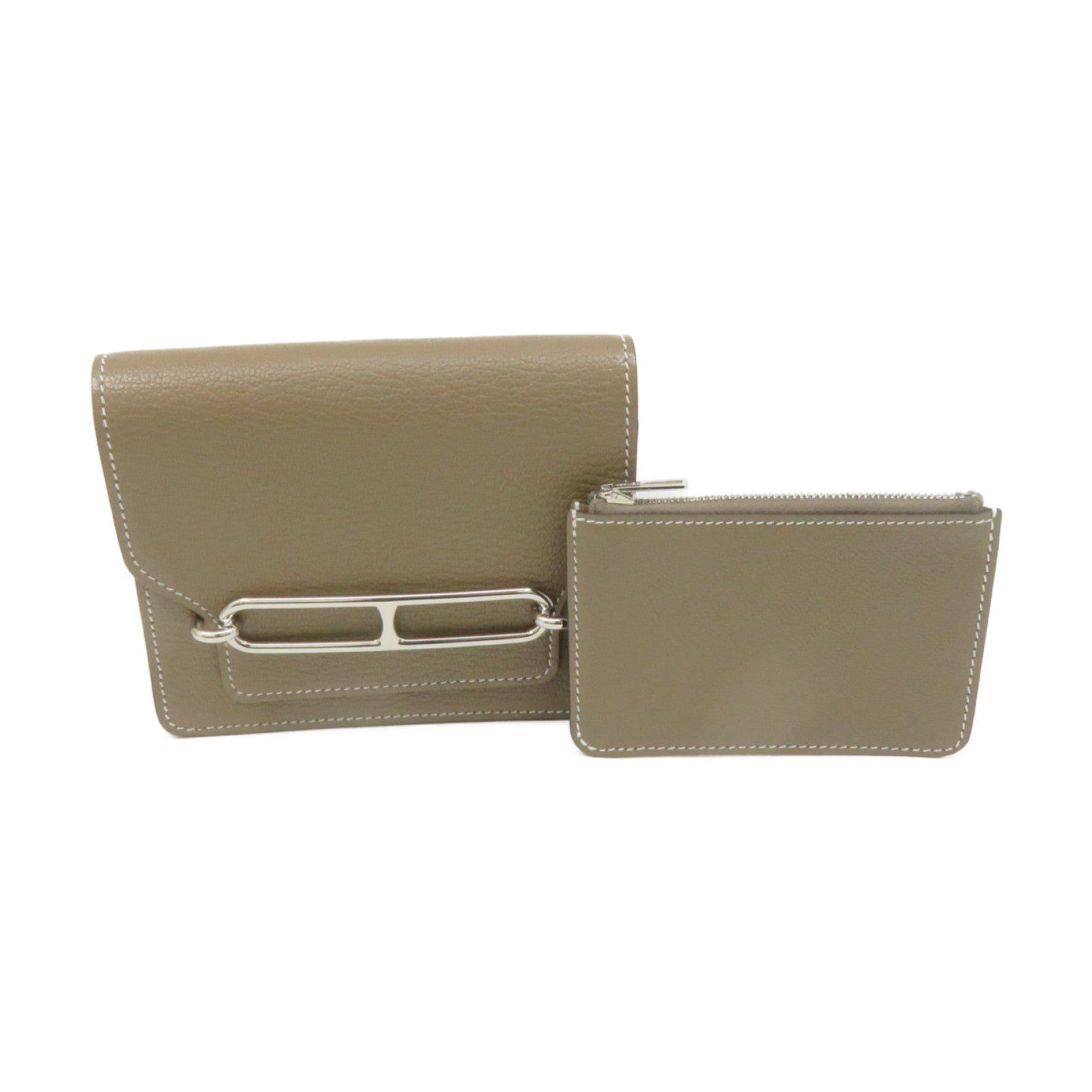 HERMES Chevre皮革Roulis Slim银扣钱包Etoupe大象灰色