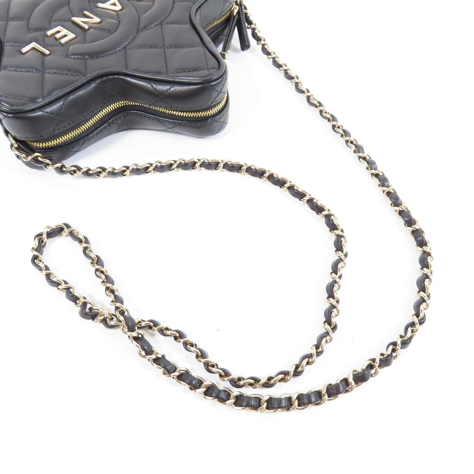 CHANEL 菱格牛皮皮革Star Chain Shoulder Bag銀扣鏈帶肩背袋黑色