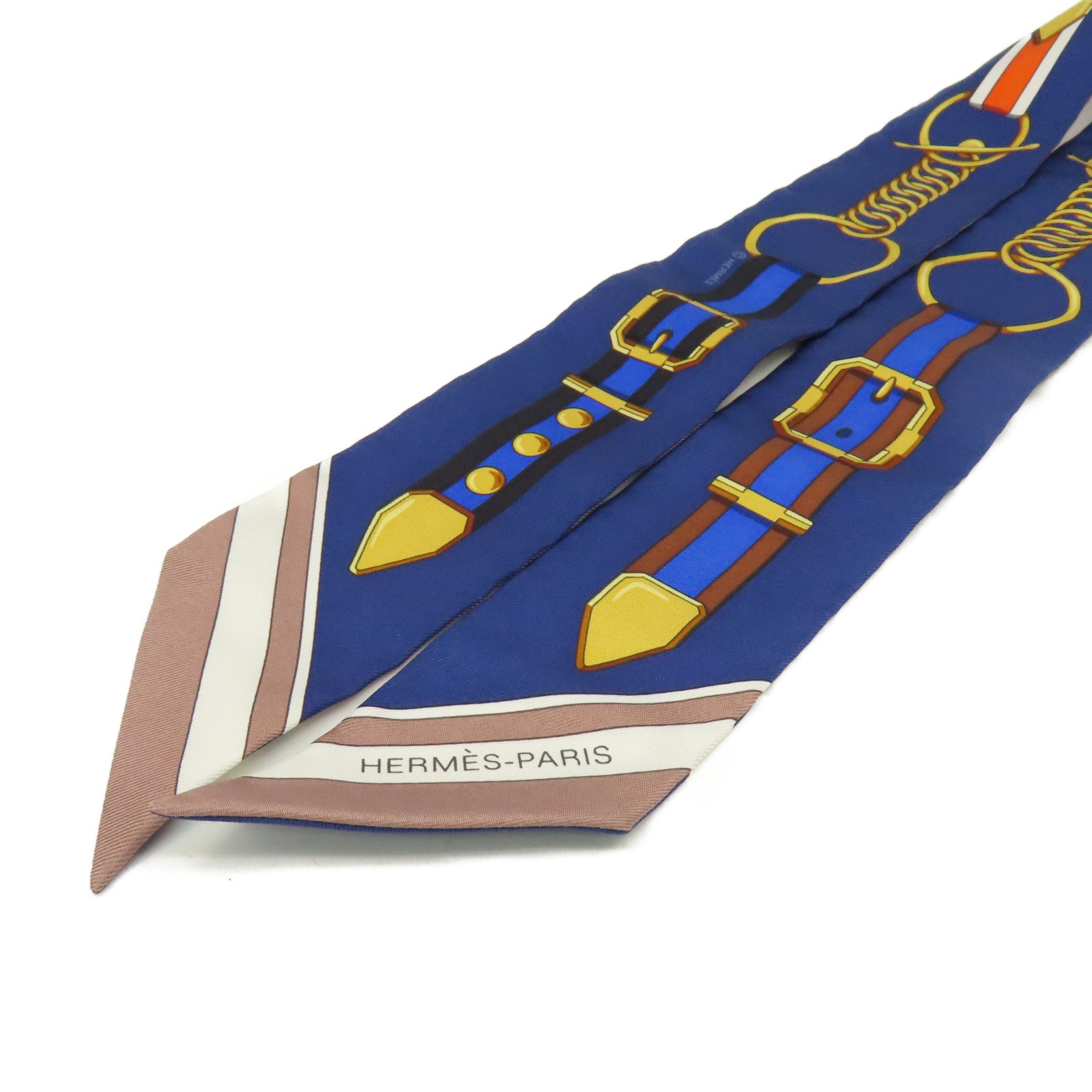 HERMES 絲質Twilly Scarf絲巾藍色/金色/彩色