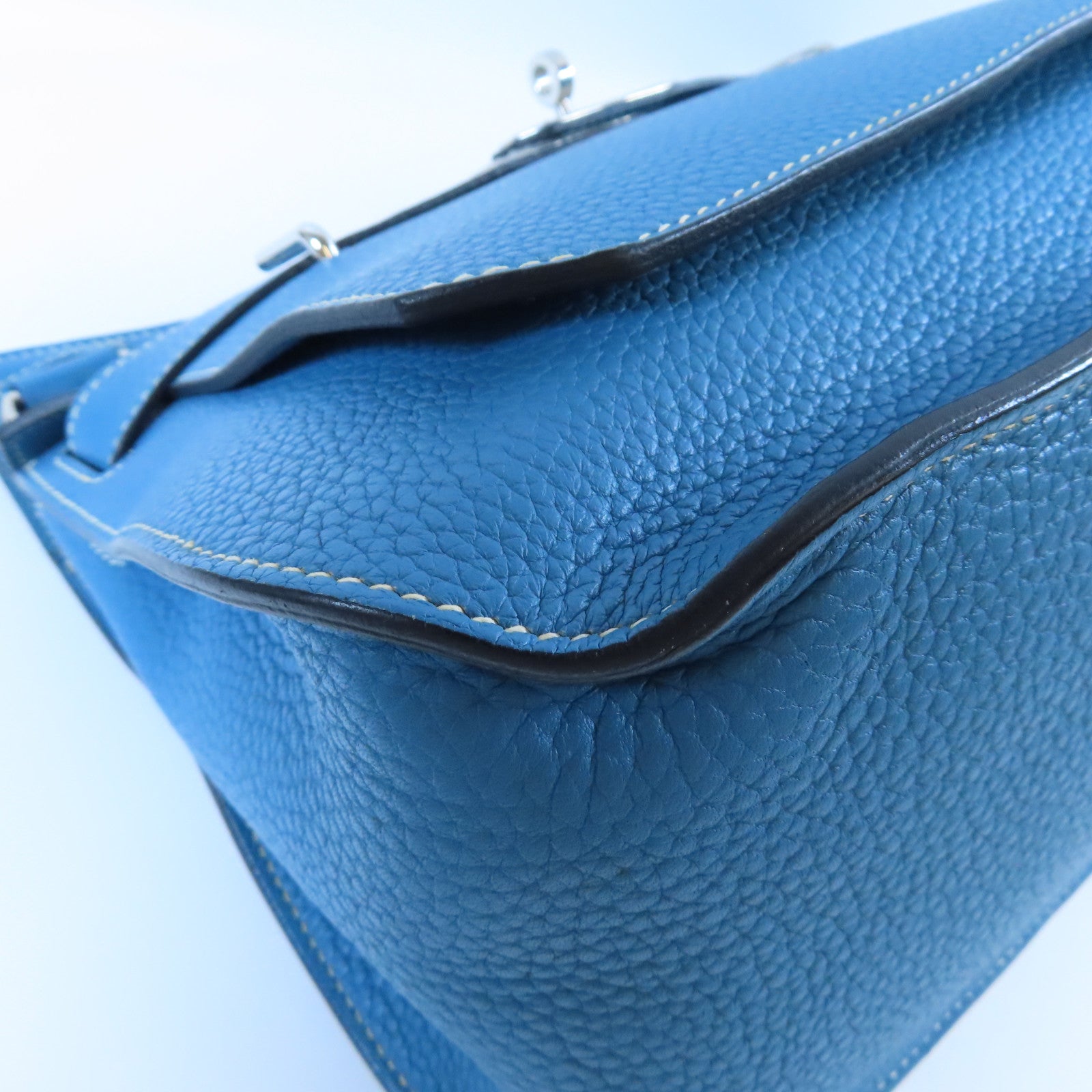 HERMES Togo皮革Jypsiere 28銀扣肩背袋Bleu Jean牛仔藍色