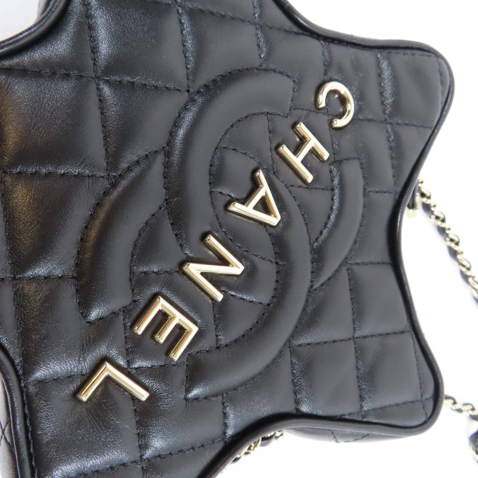 CHANEL 菱格牛皮皮革Star Chain Shoulder Bag銀扣鏈帶肩背袋黑色