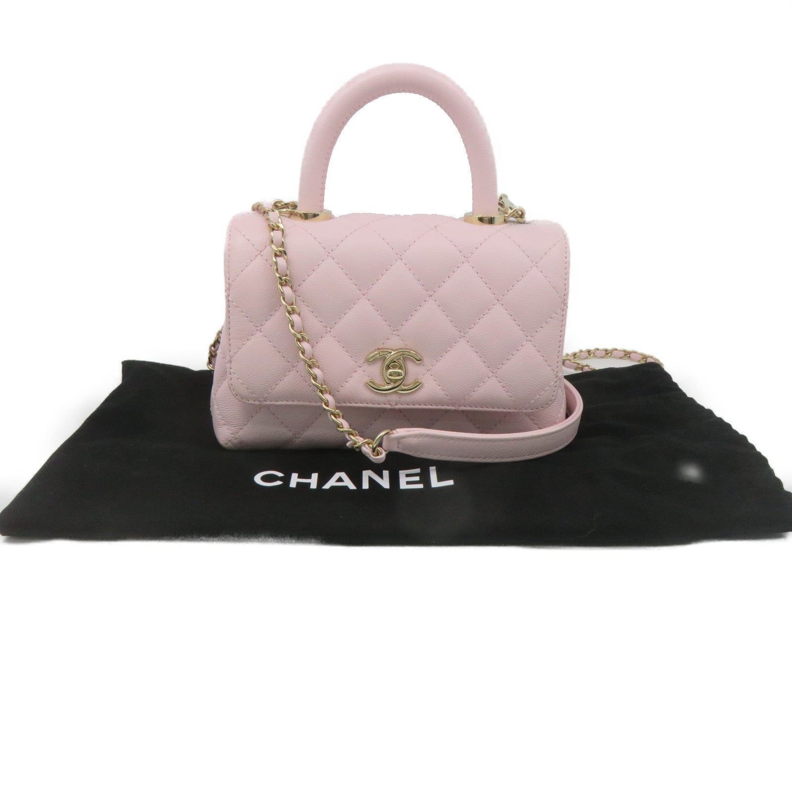 CHANEL 菱格Caviar皮革2way Shoulder Bag金扣鏈帶手挽肩背兩用袋粉紅色