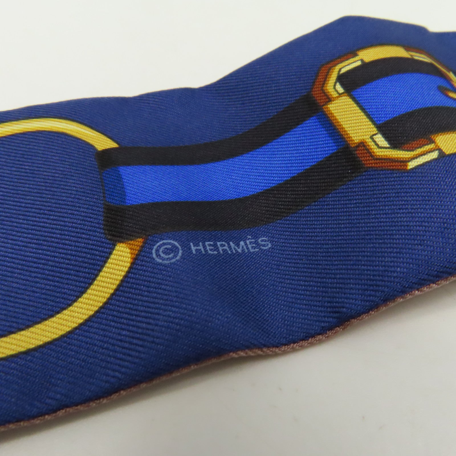 HERMES 絲質Twilly Scarf絲巾藍色/金色/彩色