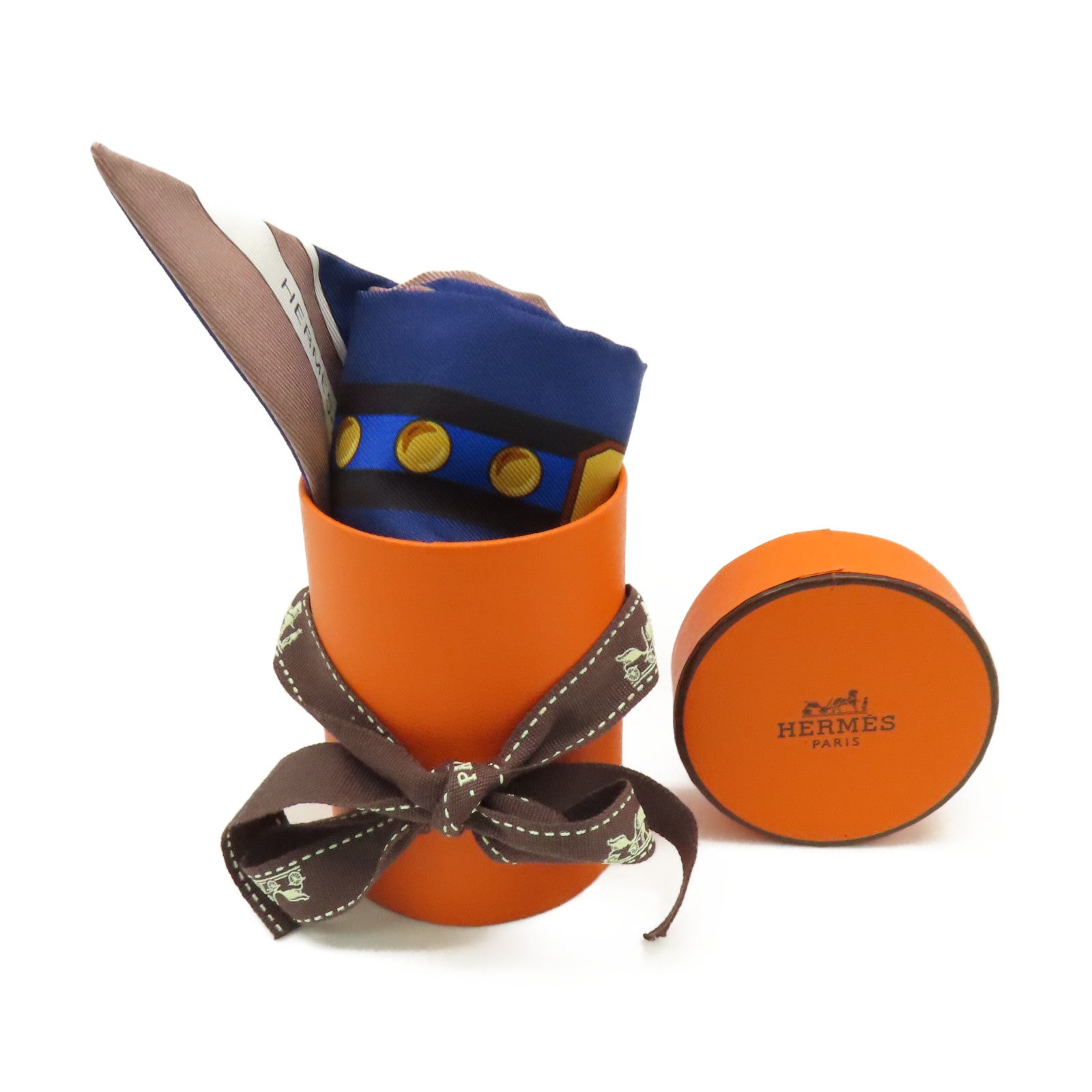 HERMES 絲質Twilly Scarf絲巾藍色/金色/彩色