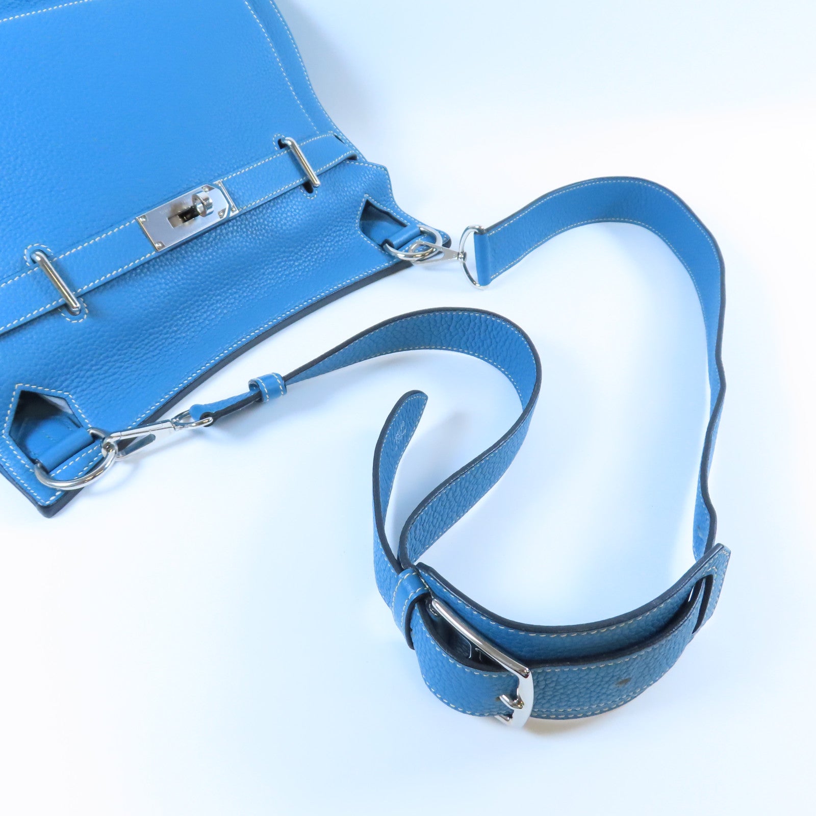 HERMES Togo皮革Jypsiere 28銀扣肩背袋Bleu Jean牛仔藍色