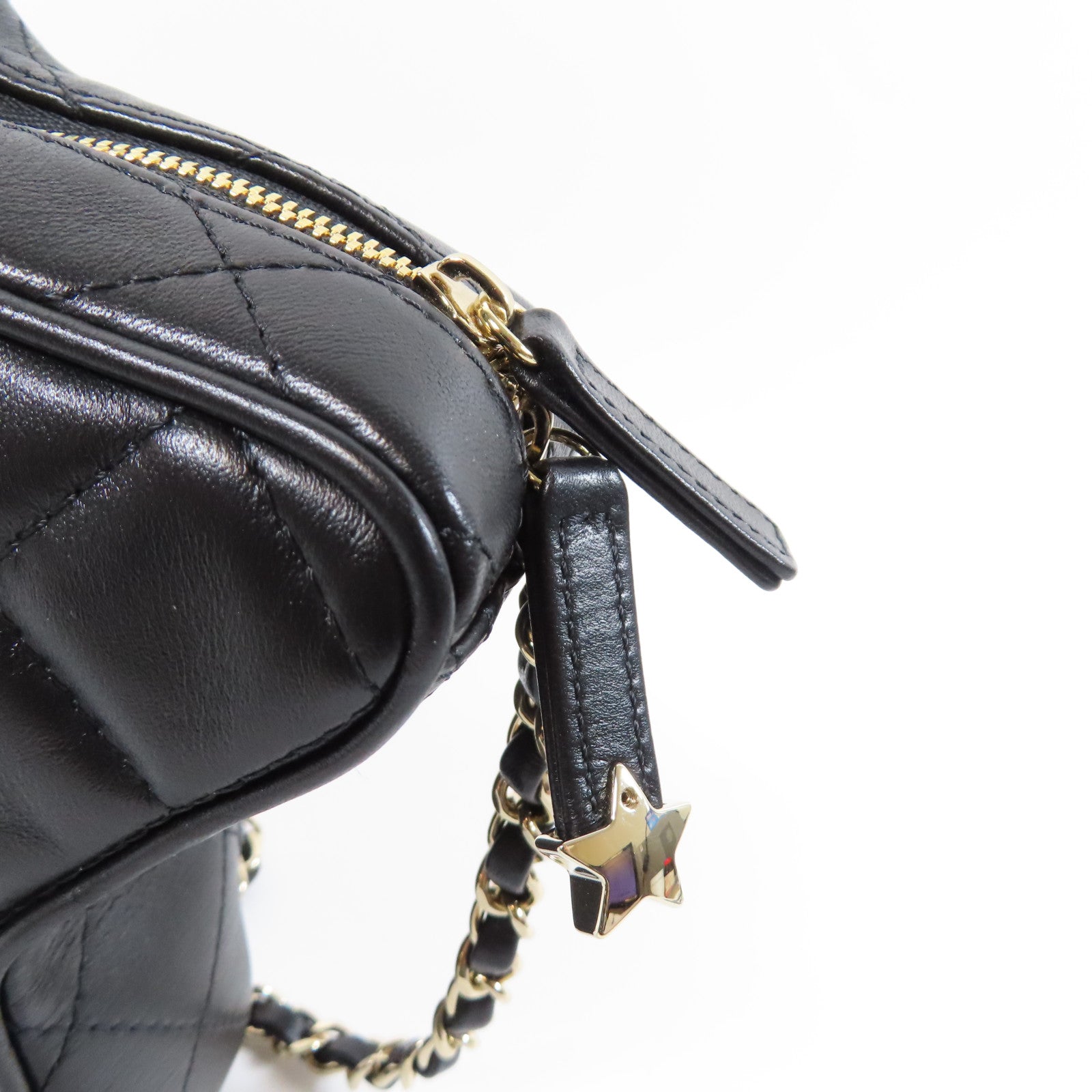 CHANEL 菱格牛皮皮革Star Chain Shoulder Bag銀扣鏈帶肩背袋黑色