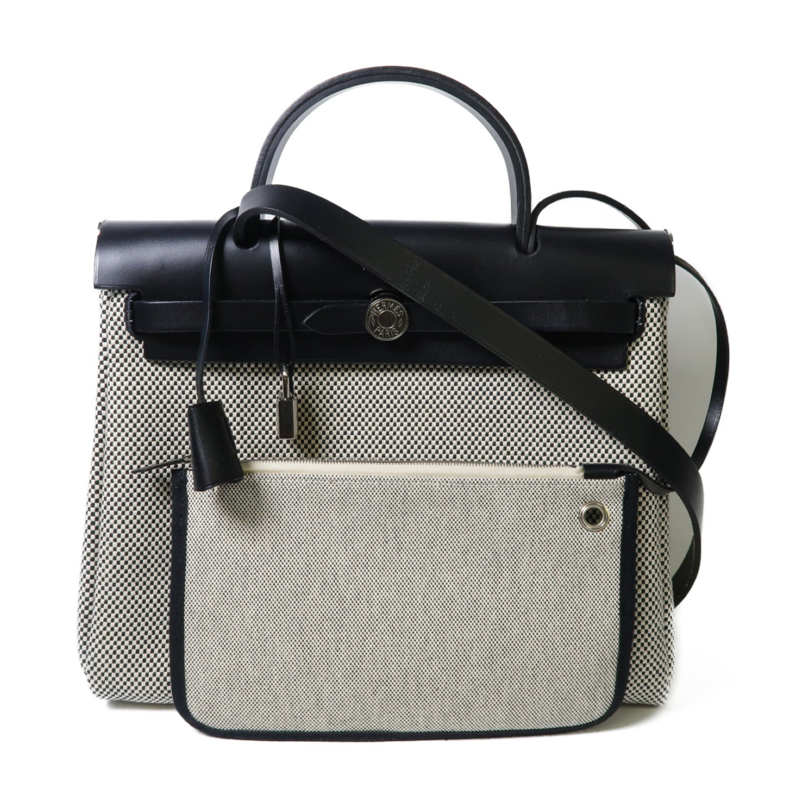 HERMES 帆布/皮革Herbag PM銀扣手挽肩背兩用袋黑色/白色