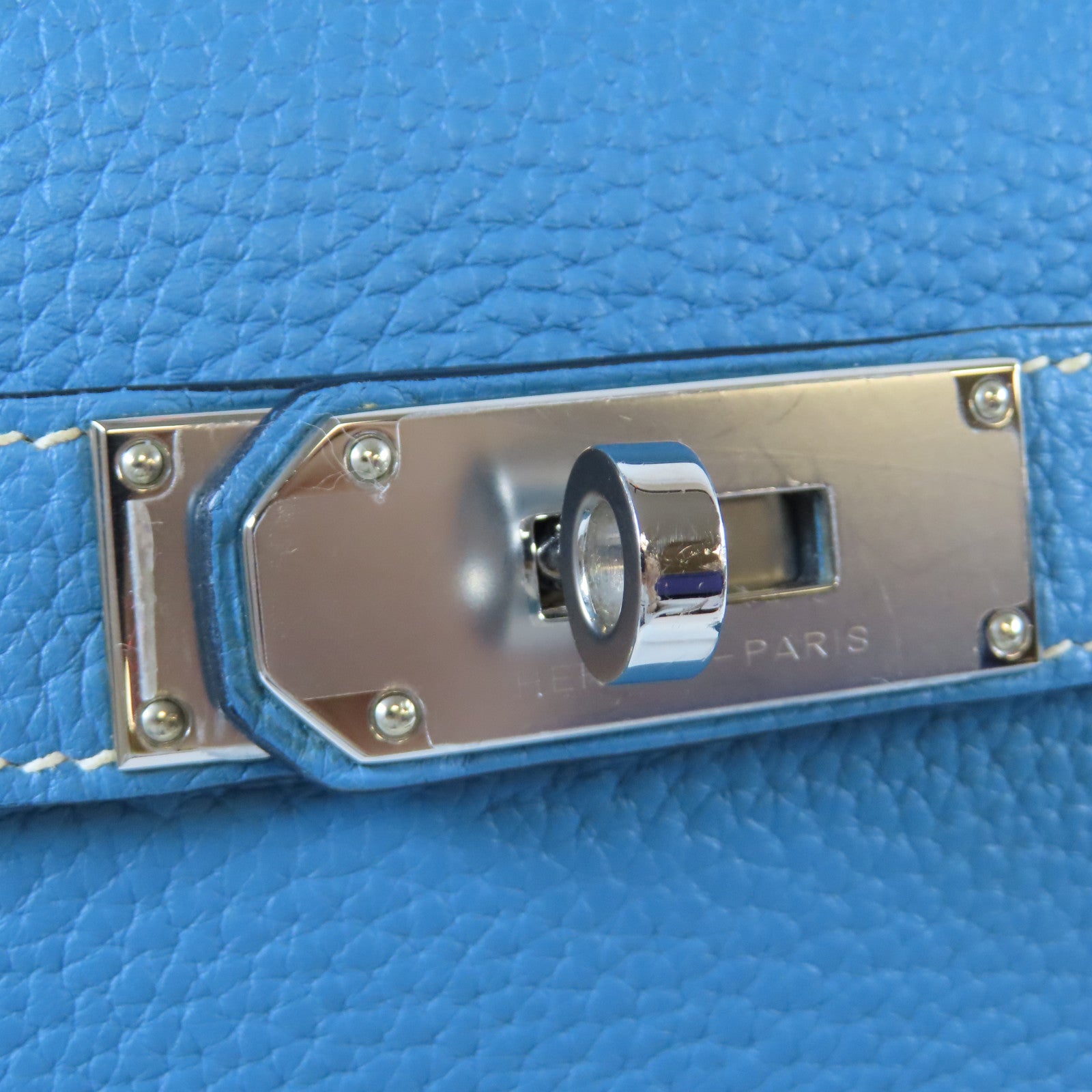 HERMES Togo皮革Jypsiere 28銀扣肩背袋Bleu Jean牛仔藍色