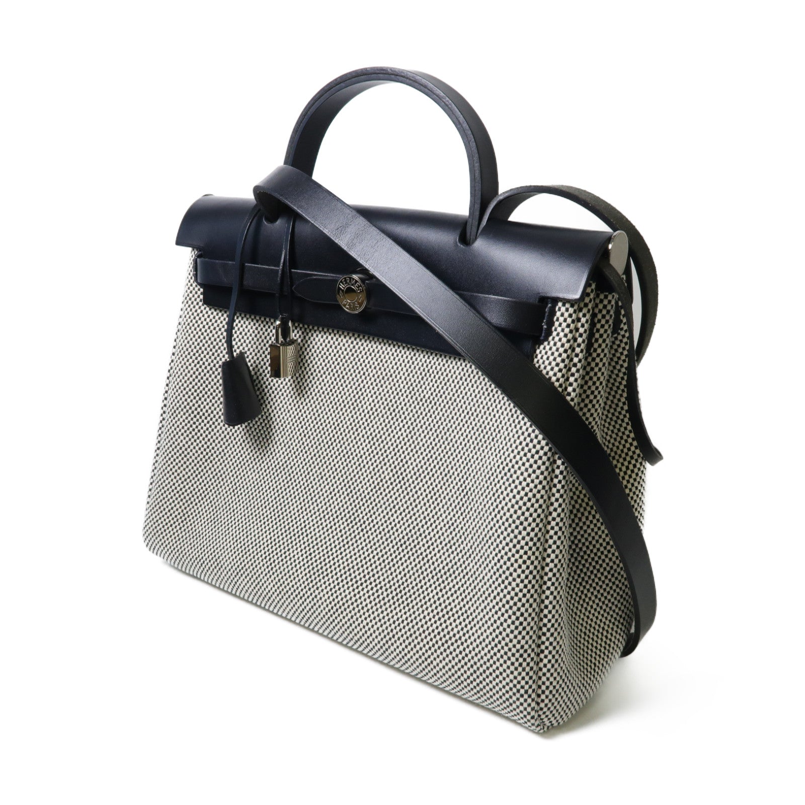 HERMES 帆布/皮革Herbag PM銀扣手挽肩背兩用袋黑色/白色