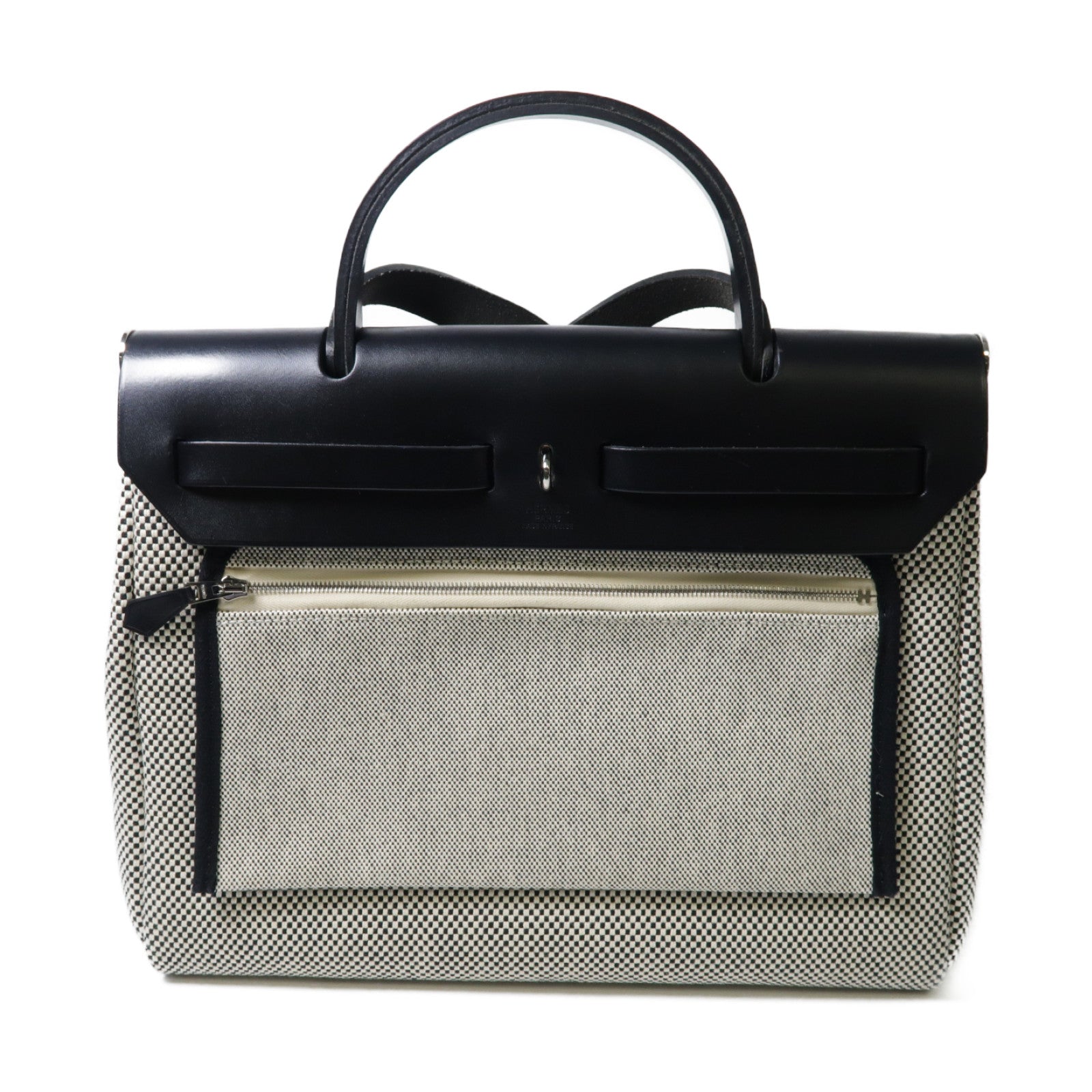 HERMES 帆布/皮革Herbag PM銀扣手挽肩背兩用袋黑色/白色