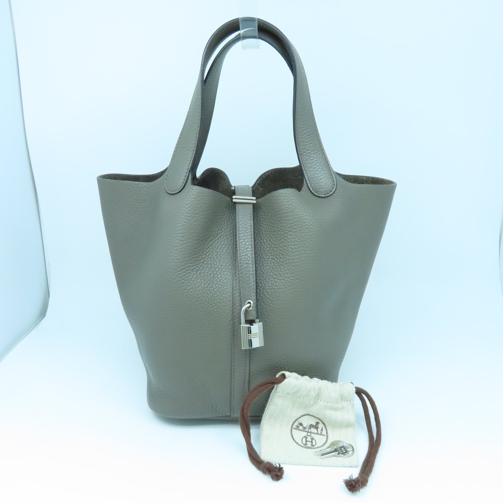 HERMES Clemence皮革Picotin MM银扣手挽袋锡灰色