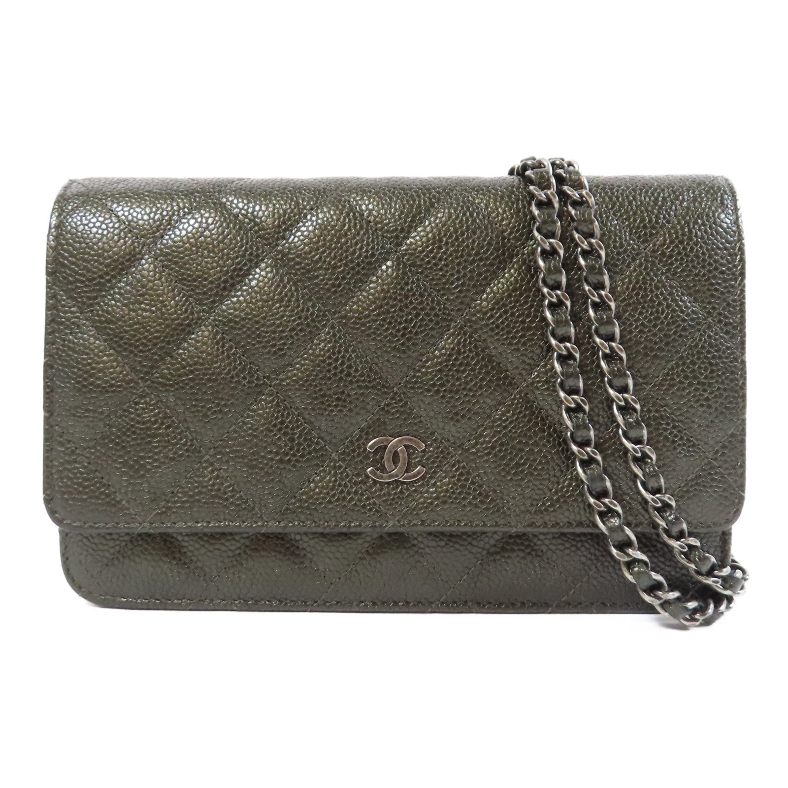 CHANEL 菱格Caviar皮革Wallet On Chain銀扣鏈帶肩背袋灰色