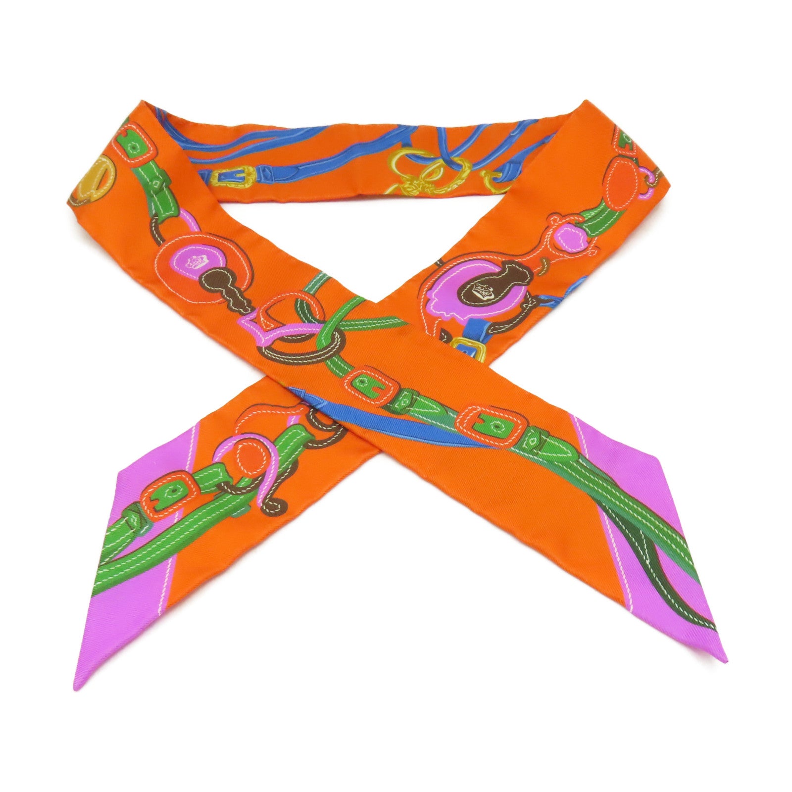 HERMES 絲質Twilly Scarf絲巾橙色/彩色