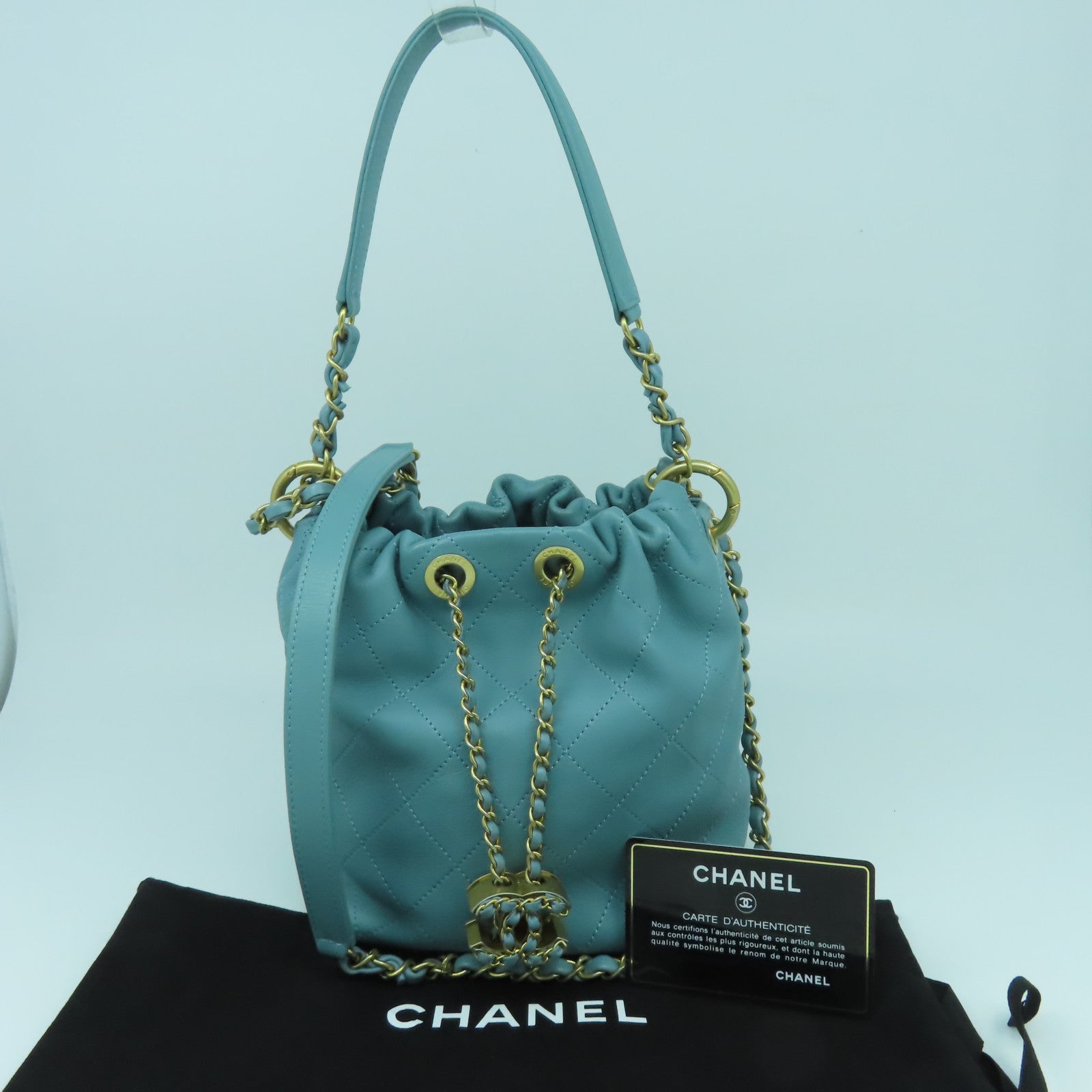 CHANEL 【激減優惠】菱格羊皮皮革Bucket Bag金扣手挽肩背兩用袋淺綠色