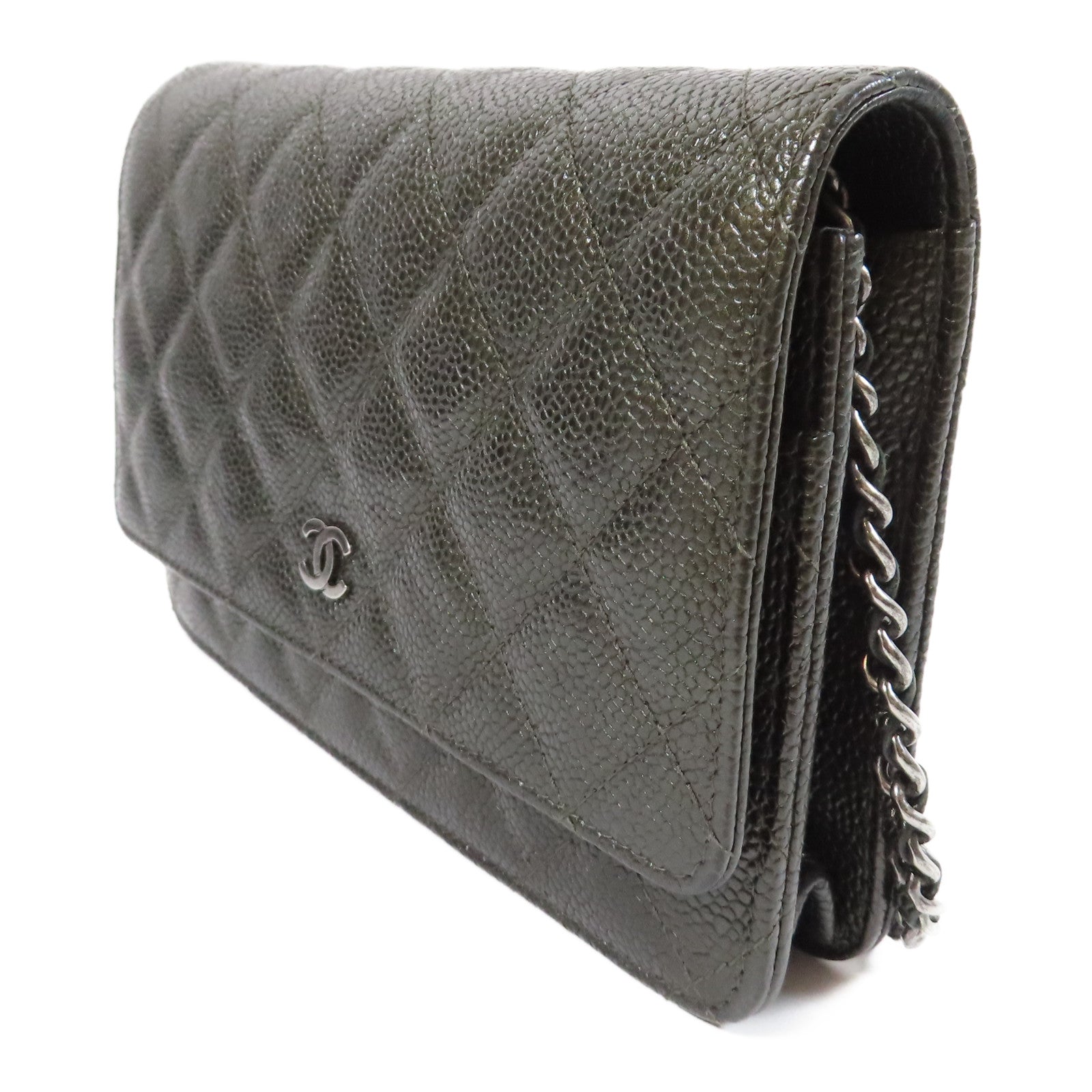 CHANEL 菱格Caviar皮革Wallet On Chain銀扣鏈帶肩背袋灰色