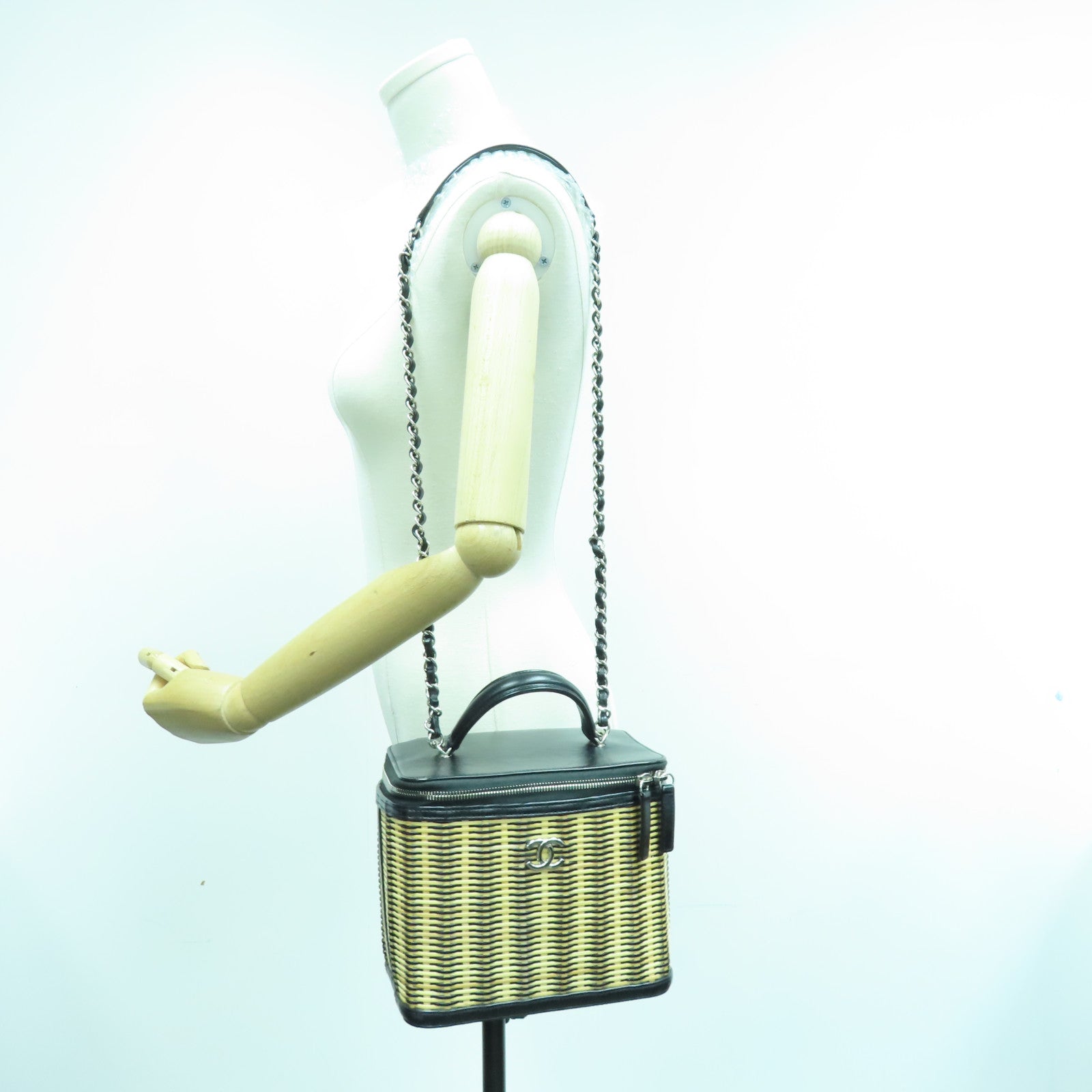 CHANEL 藤制/牛皮皮革Picnic Chain Shoulder银扣手挽肩背两用袋黑色啡色