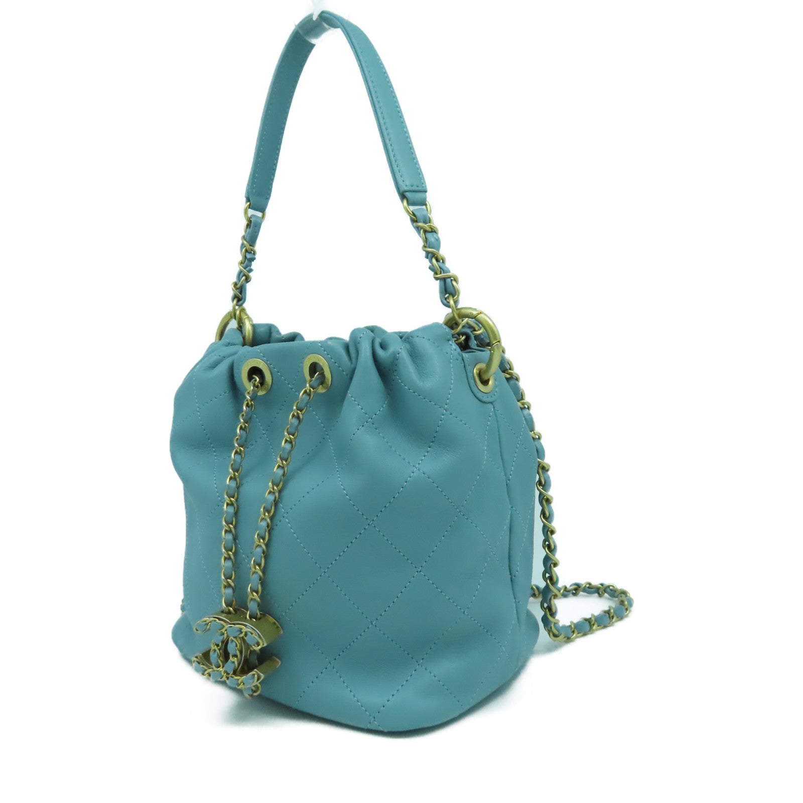CHANEL 【激減優惠】菱格羊皮皮革Bucket Bag金扣手挽肩背兩用袋淺綠色