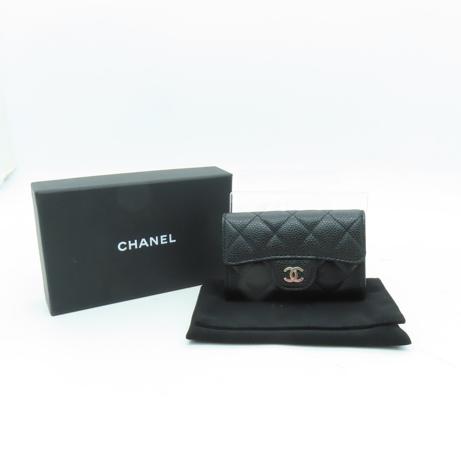 CHANEL 菱格Caviar皮革Card Case銀扣卡片套黒色