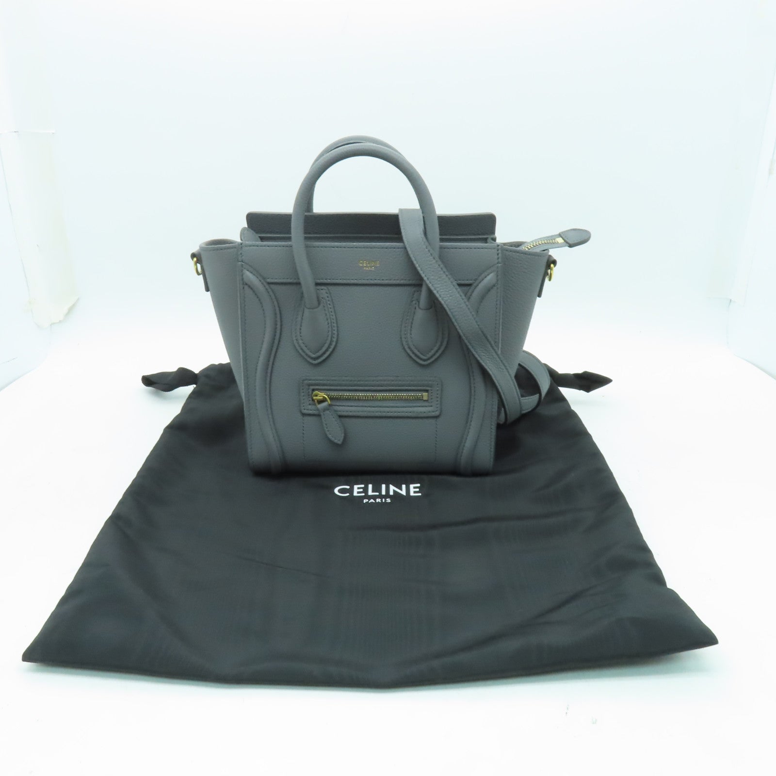 CELINE 牛皮皮革Nano Luggage金扣手挽肩背兩用袋灰色
