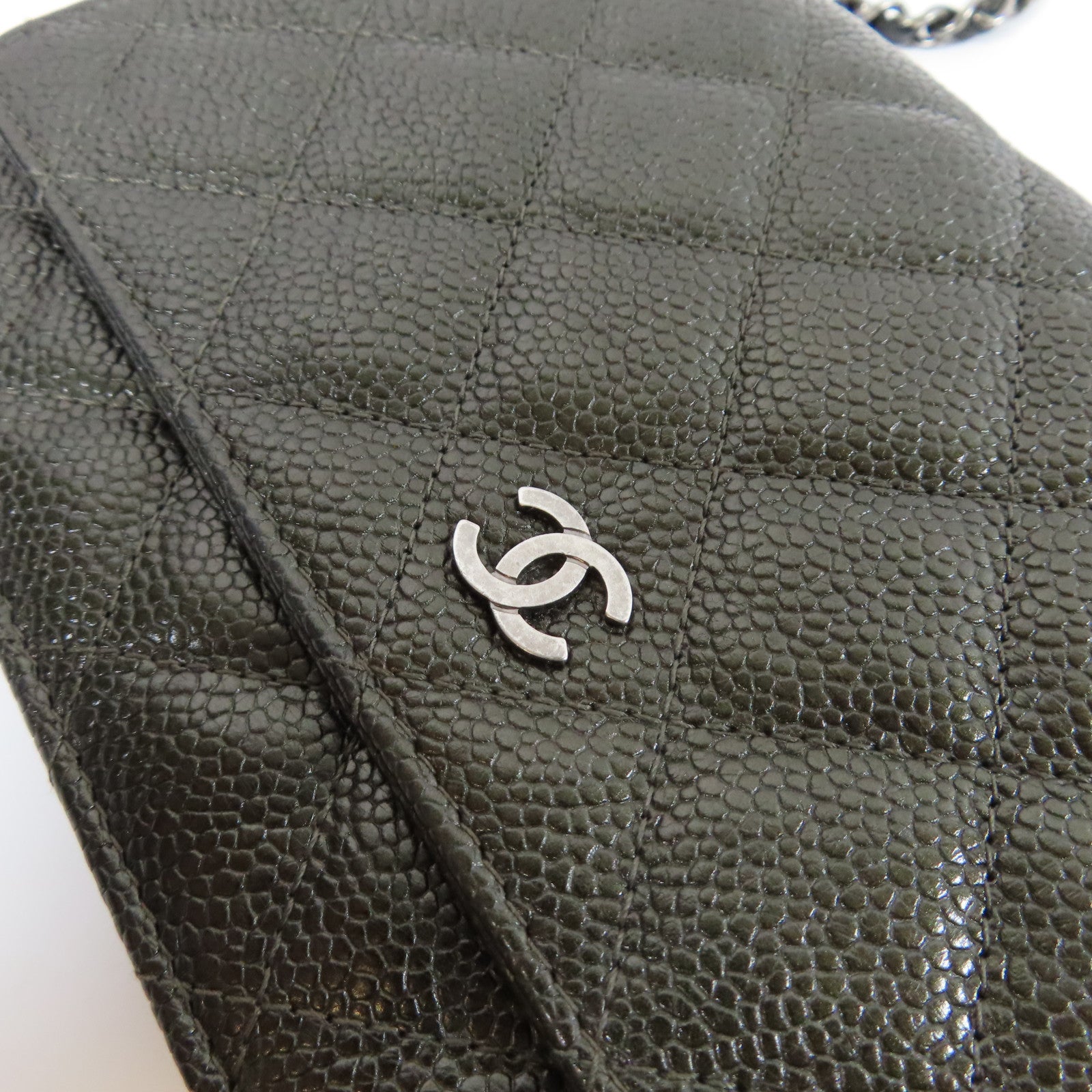 CHANEL 菱格Caviar皮革Wallet On Chain銀扣鏈帶肩背袋灰色