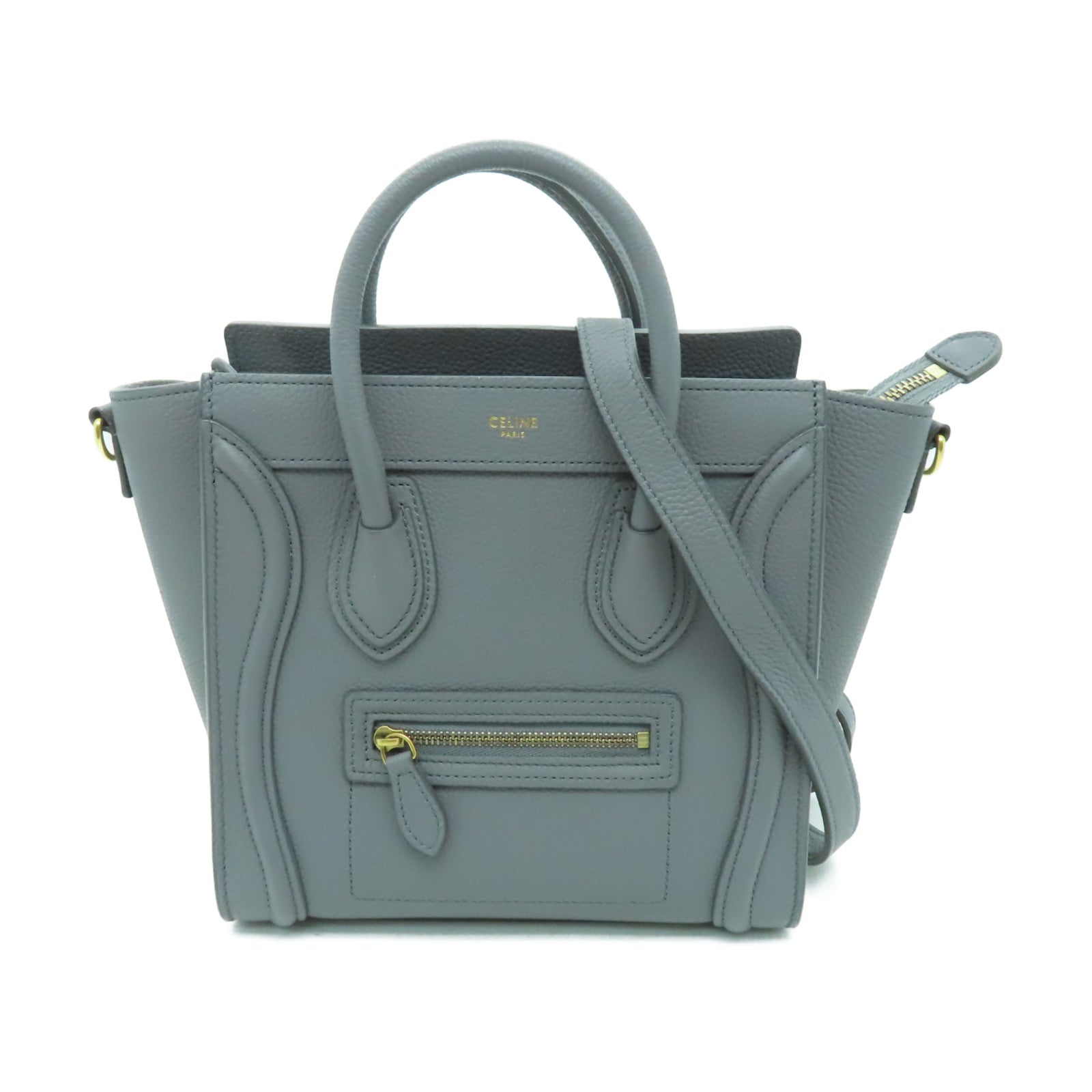 CELINE 牛皮皮革Nano Luggage金扣手挽肩背兩用袋灰色