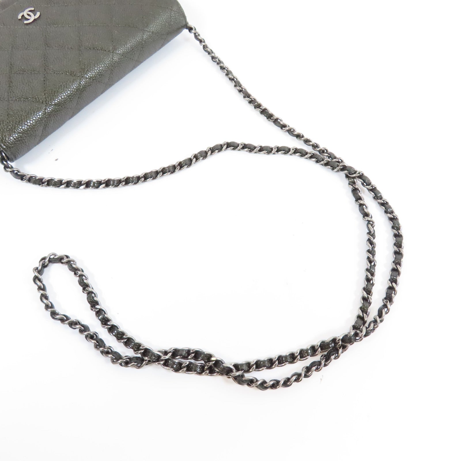 CHANEL 菱格Caviar皮革Wallet On Chain銀扣鏈帶肩背袋灰色