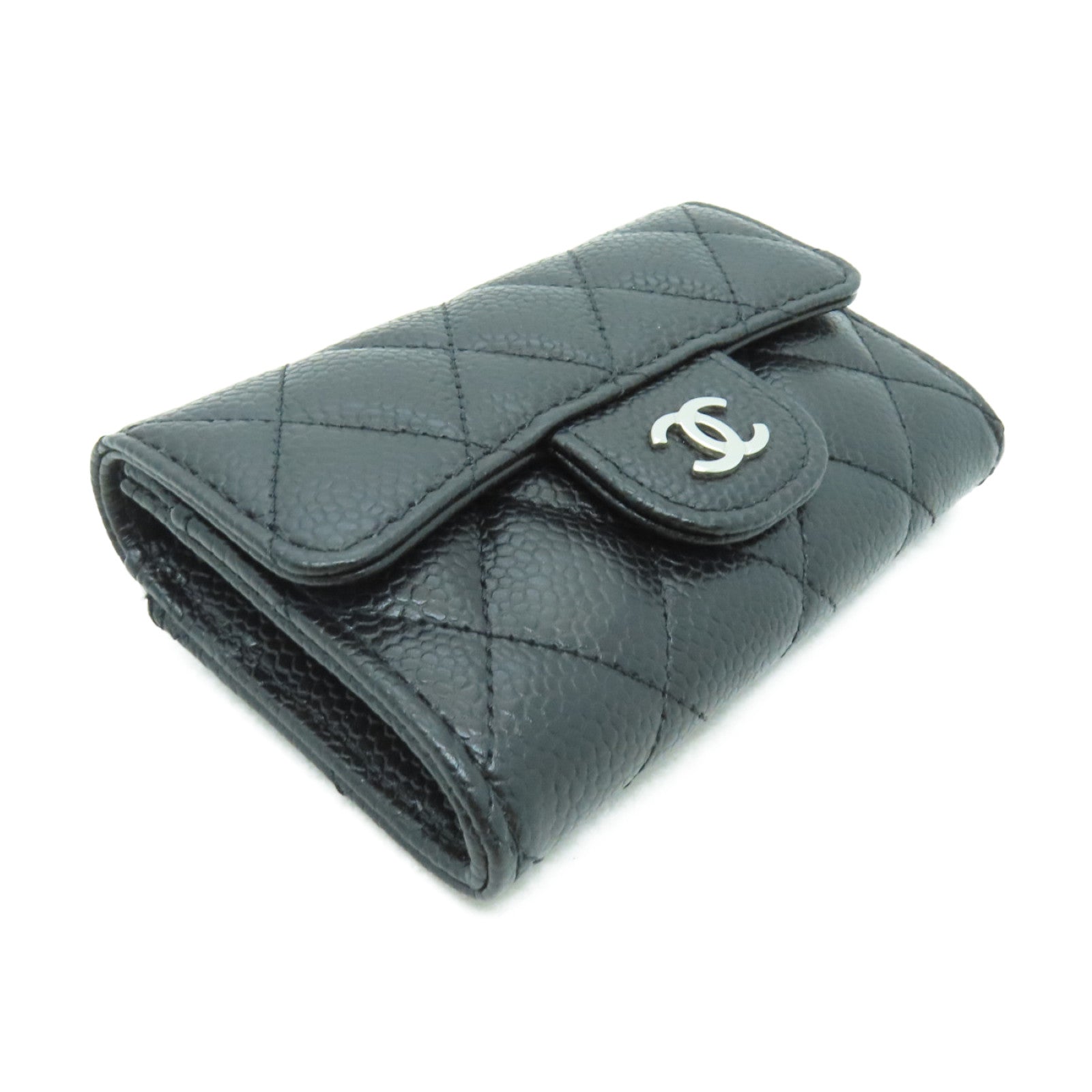 CHANEL 菱格Caviar皮革Card Case銀扣卡片套黒色