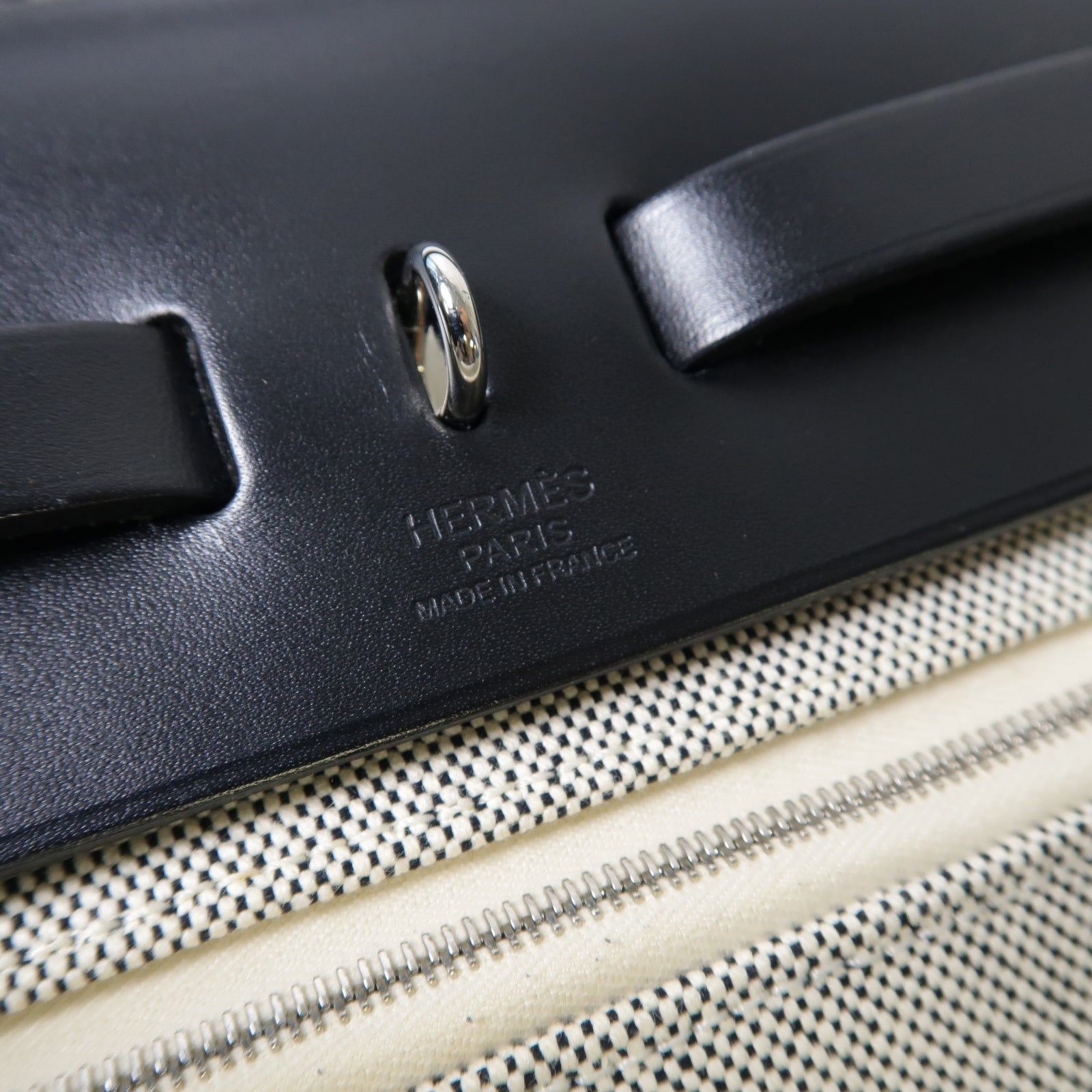HERMES 帆布/皮革Herbag PM銀扣手挽肩背兩用袋黑色/白色