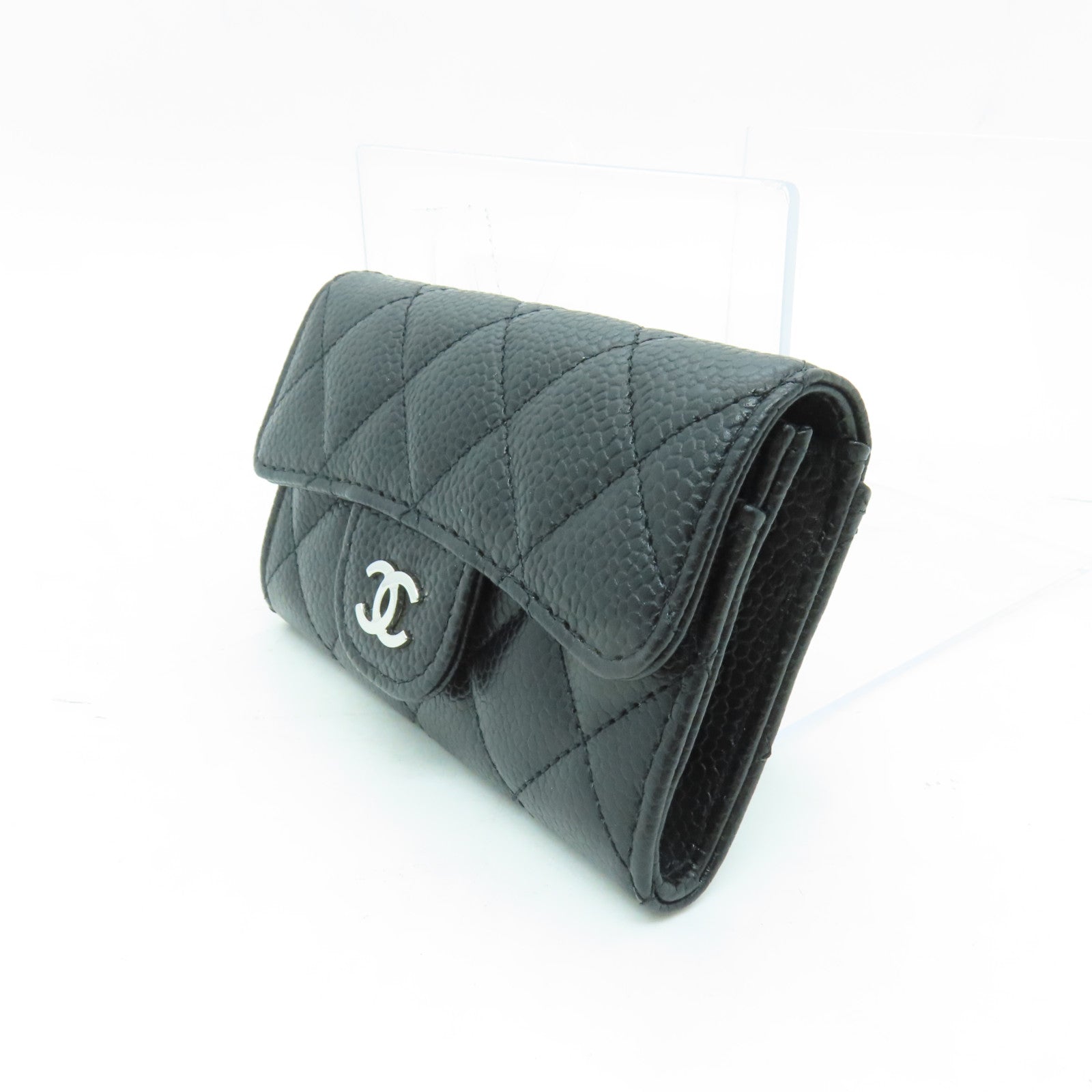 CHANEL 菱格Caviar皮革Card Case銀扣卡片套黒色