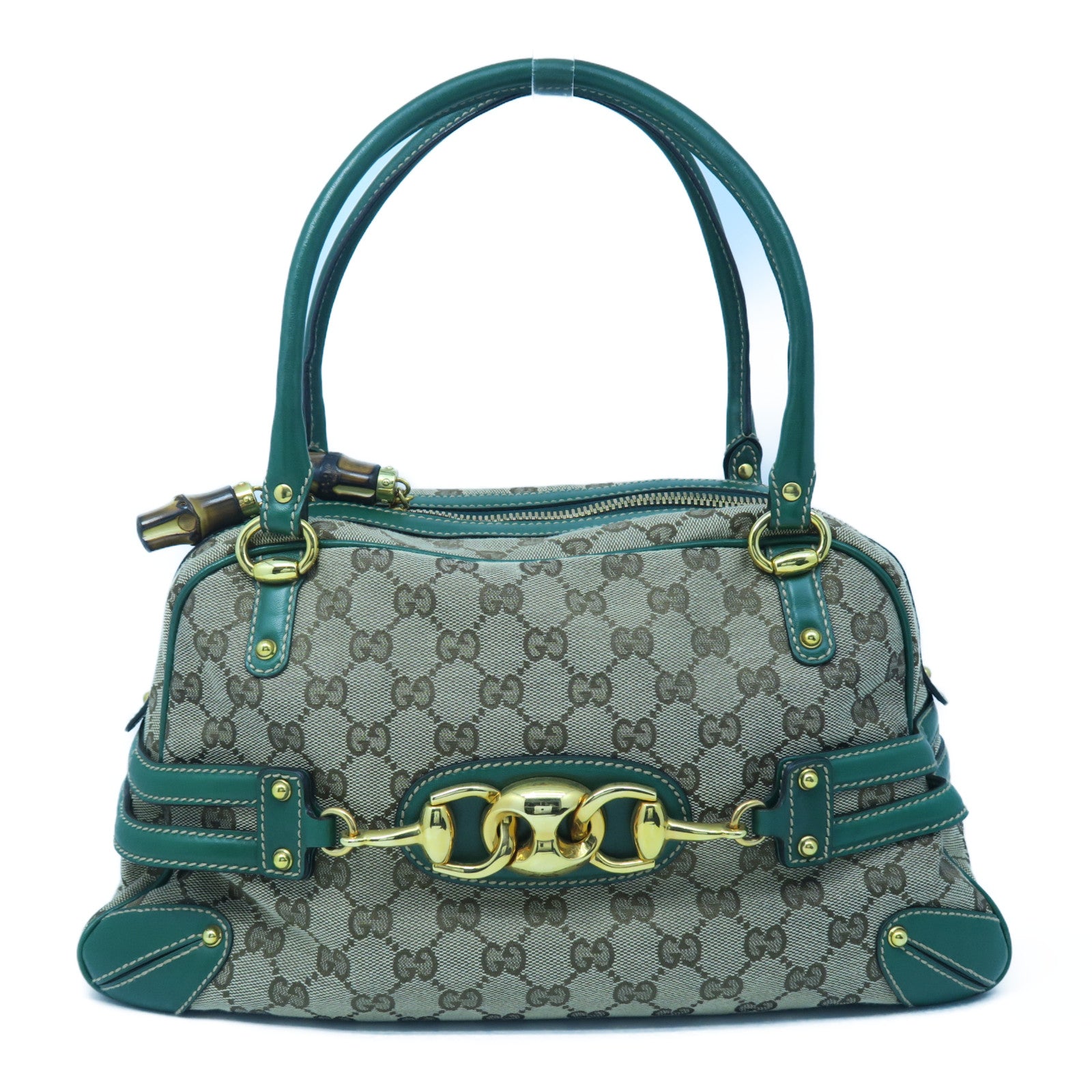 GUCCI 帆布Hand Bag金扣手挽袋啡色/绿色