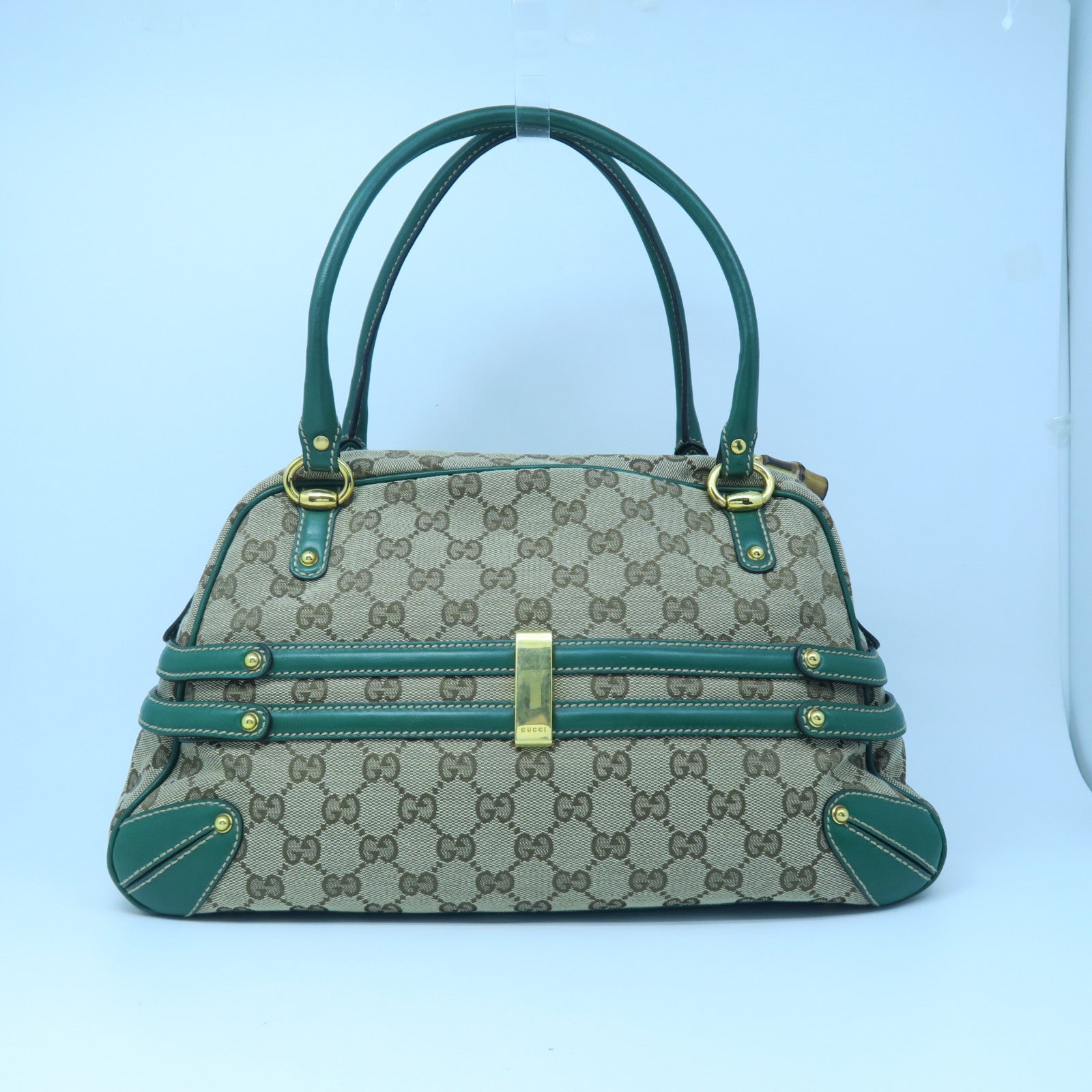 GUCCI 帆布Hand Bag金扣手挽袋啡色/绿色