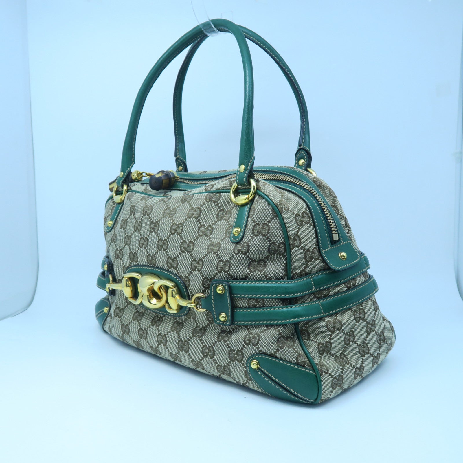 GUCCI 帆布Hand Bag金扣手挽袋啡色/绿色