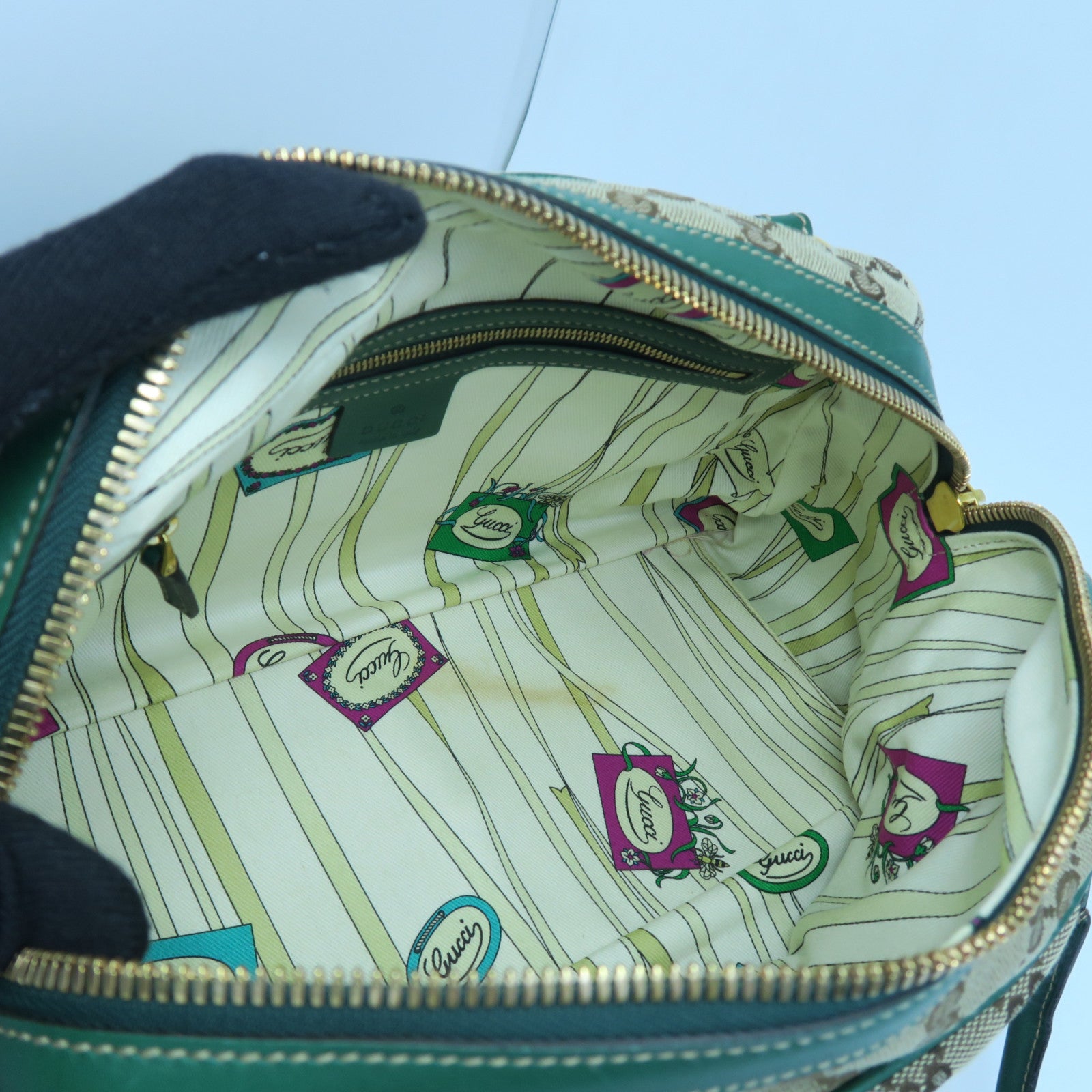 GUCCI 帆布Hand Bag金扣手挽袋啡色/绿色