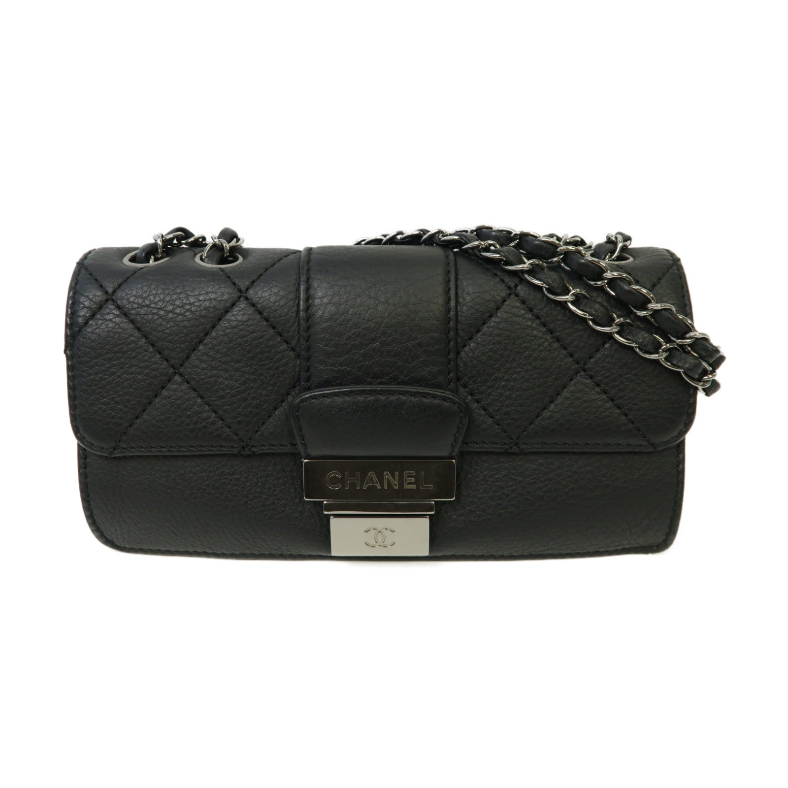 CHANEL 菱格牛皮皮革Chain Shoulder Bag銀扣鏈帶肩背袋黒色