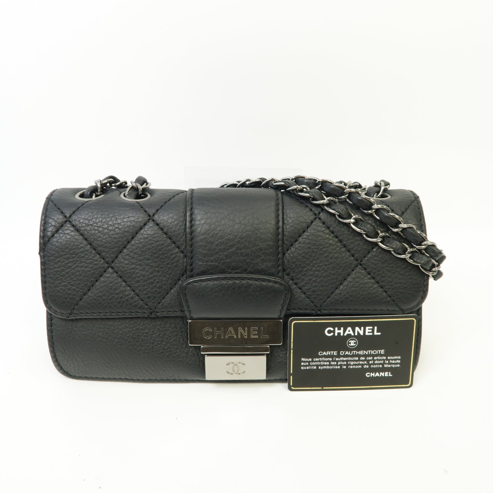 CHANEL 菱格牛皮皮革Chain Shoulder Bag銀扣鏈帶肩背袋黒色
