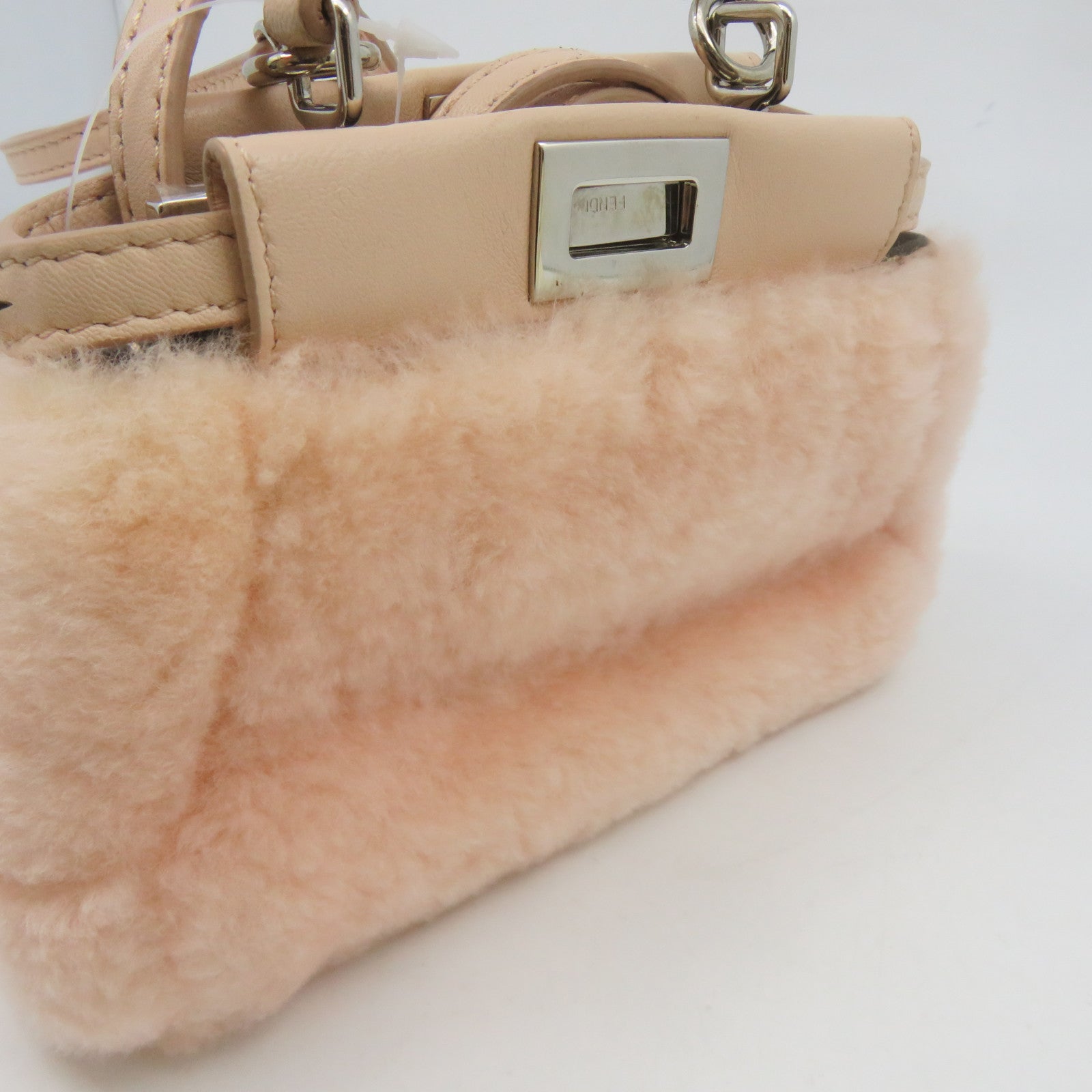 FENDI 毛茸/皮革Peekaboo Micro Shoulder Bag銀扣肩背袋粉紅色