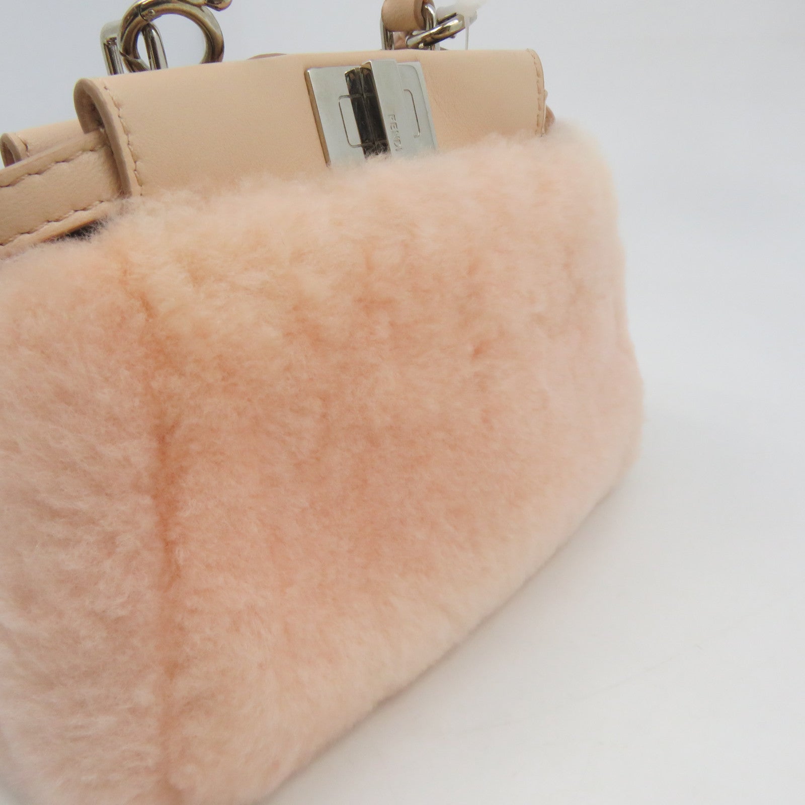 FENDI 毛茸/皮革Peekaboo Micro Shoulder Bag銀扣肩背袋粉紅色