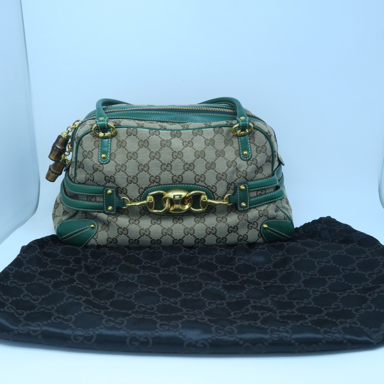GUCCI 帆布Hand Bag金扣手挽袋啡色/绿色