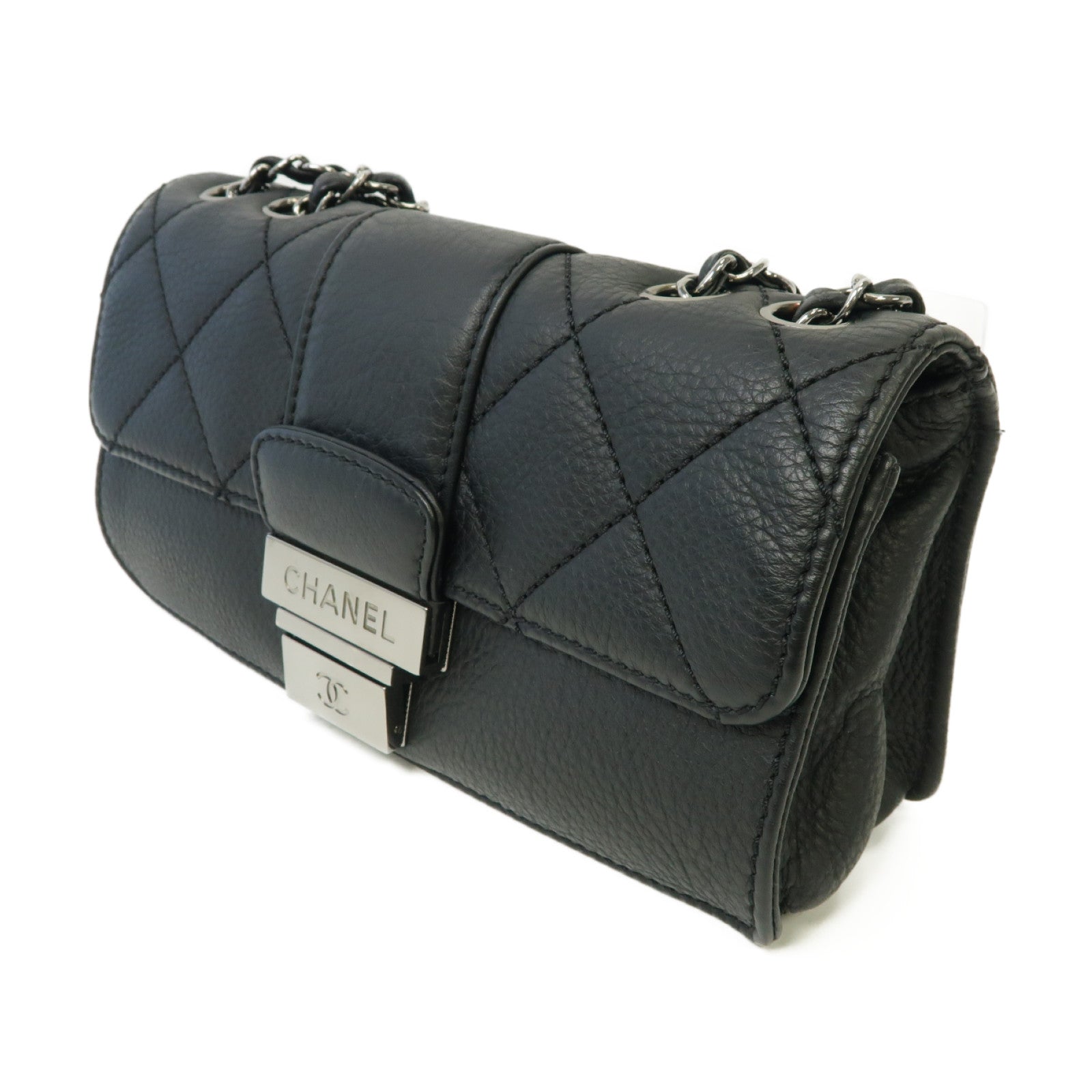 CHANEL 菱格牛皮皮革Chain Shoulder Bag銀扣鏈帶肩背袋黒色