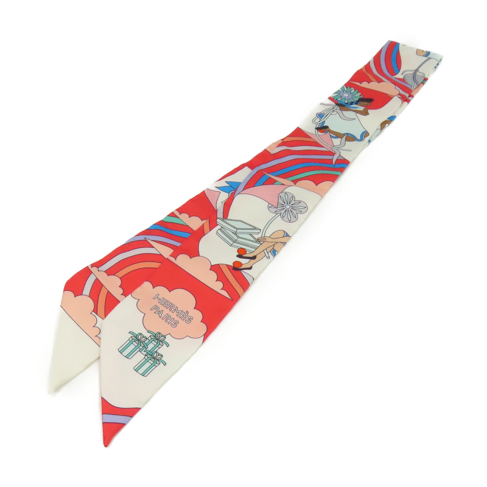 HERMES 【激減優惠】絲質Twilly Scarf絲巾粉紅色/白色/彩色