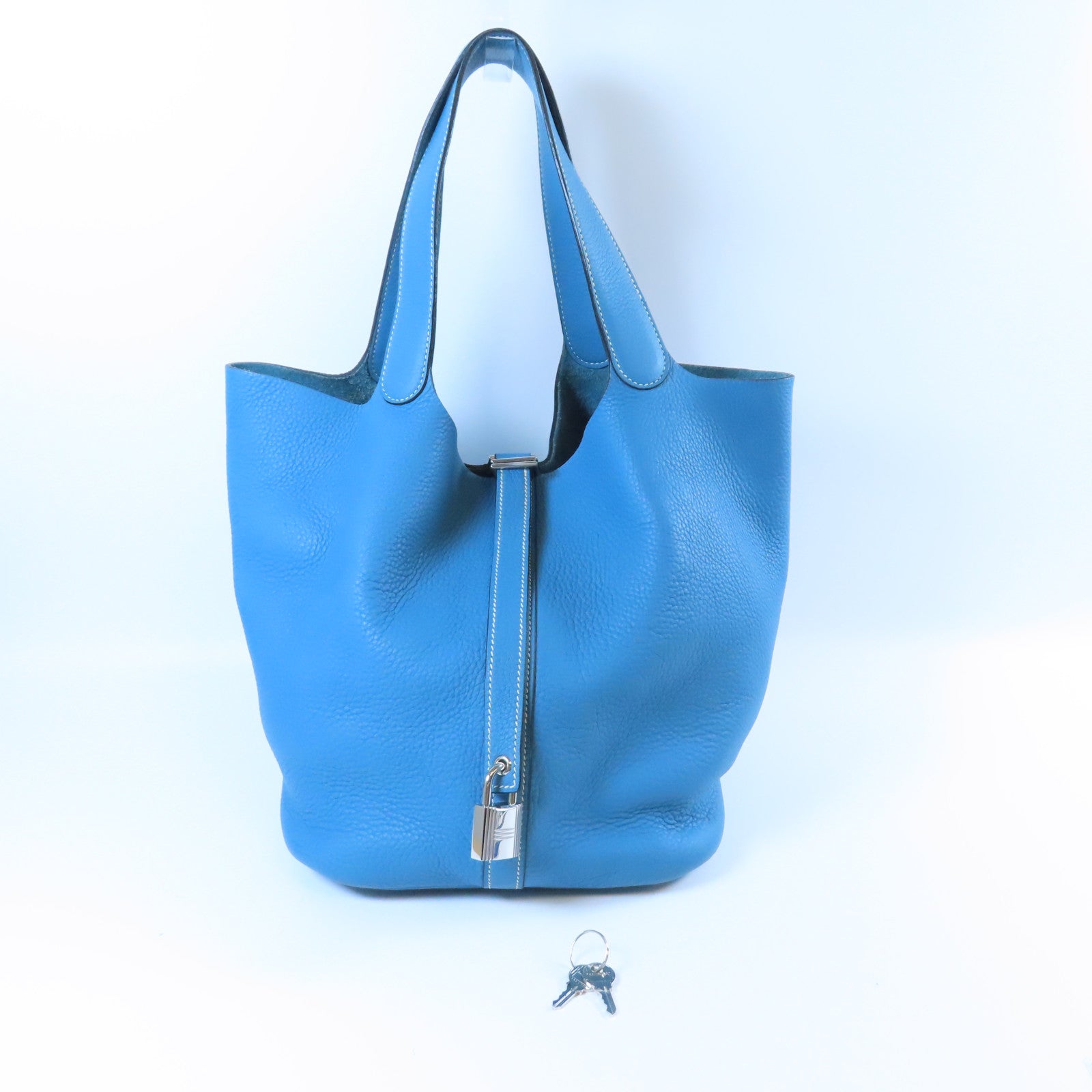 HERMES Clemence皮革Picotin GM銀扣手挽袋Bleu Jean牛仔藍色