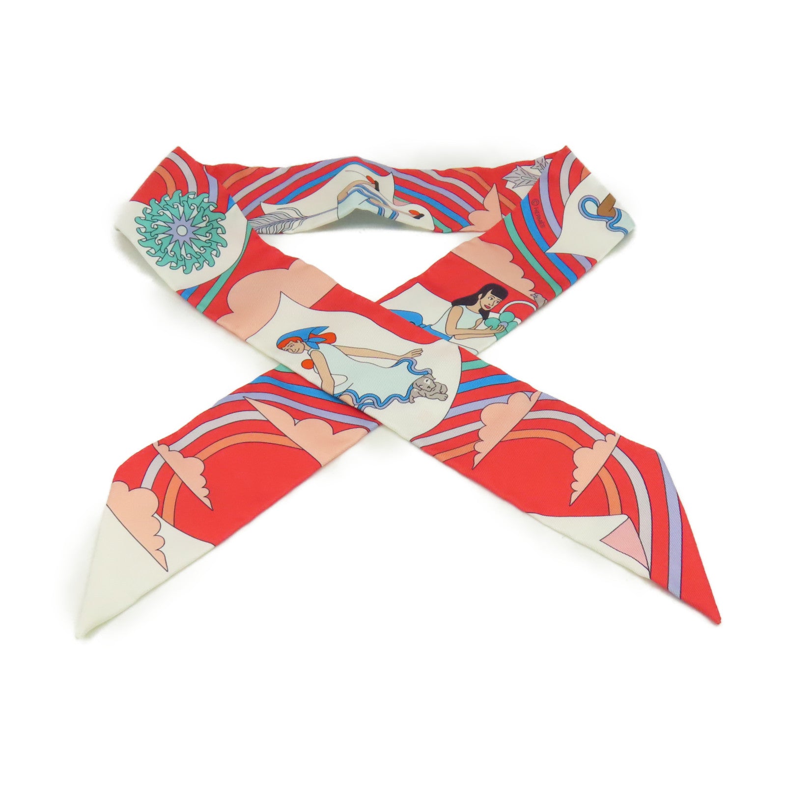 HERMES 【激減優惠】絲質Twilly Scarf絲巾粉紅色/白色/彩色