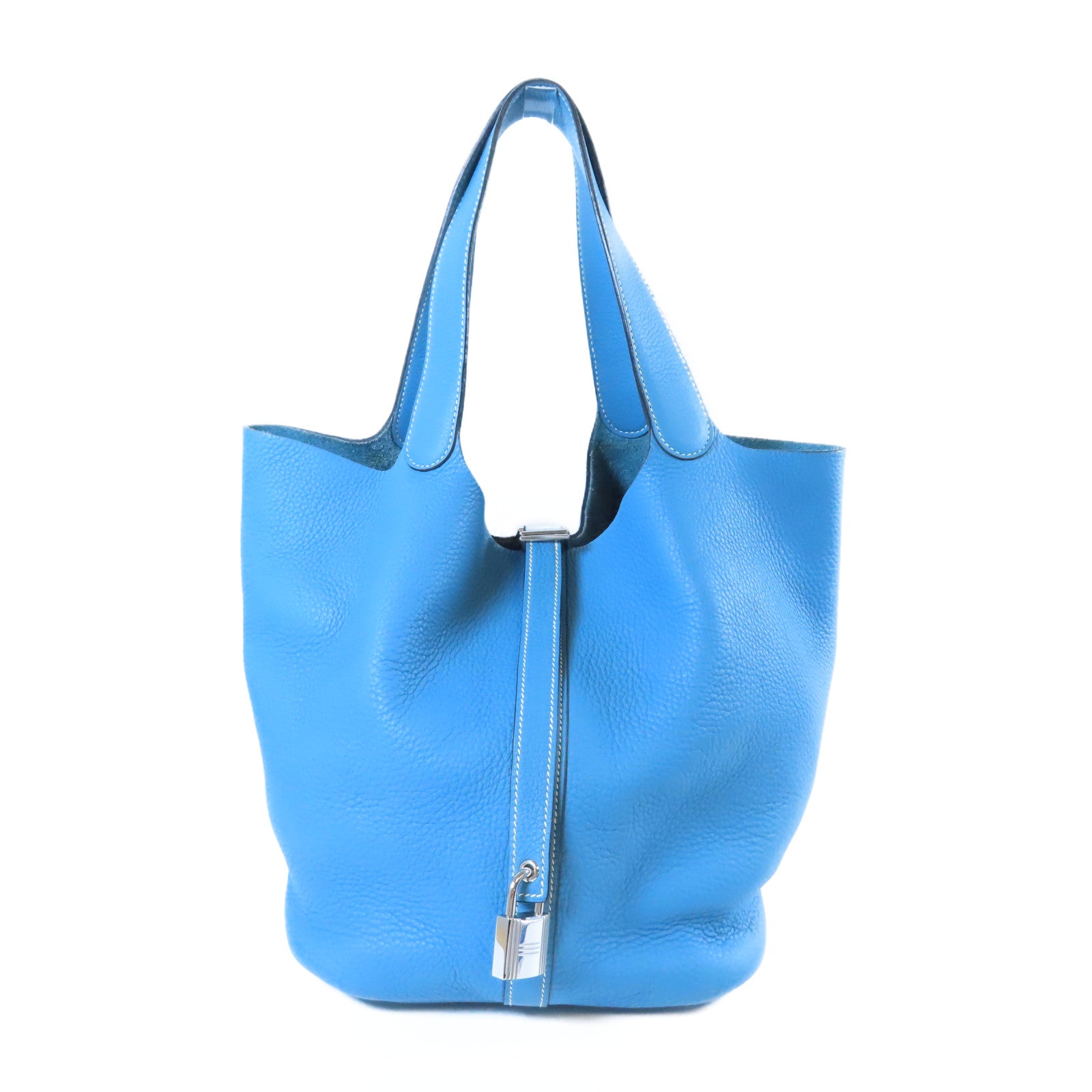 HERMES Clemence皮革Picotin GM銀扣手挽袋Bleu Jean牛仔藍色