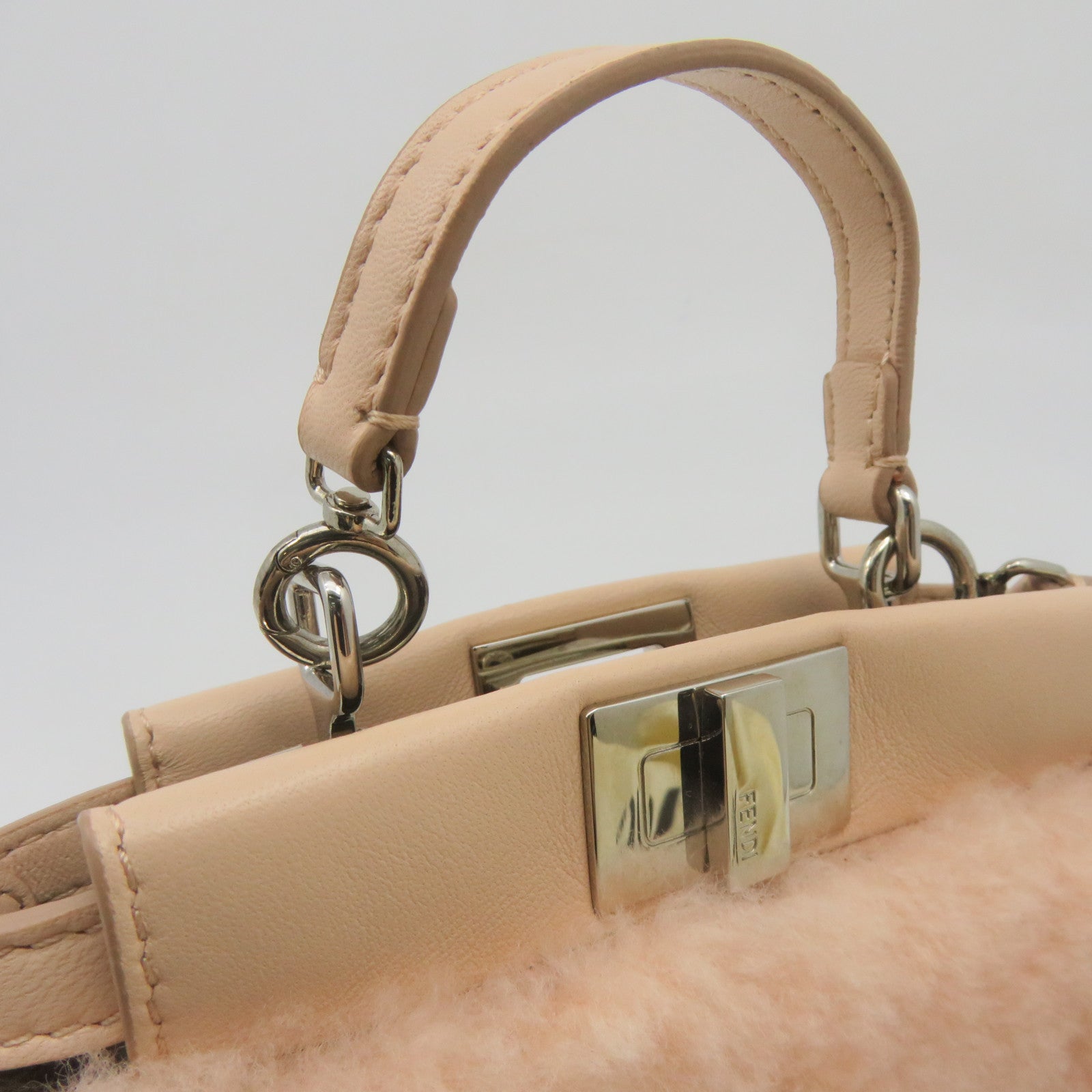 FENDI 毛茸/皮革Peekaboo Micro Shoulder Bag銀扣肩背袋粉紅色